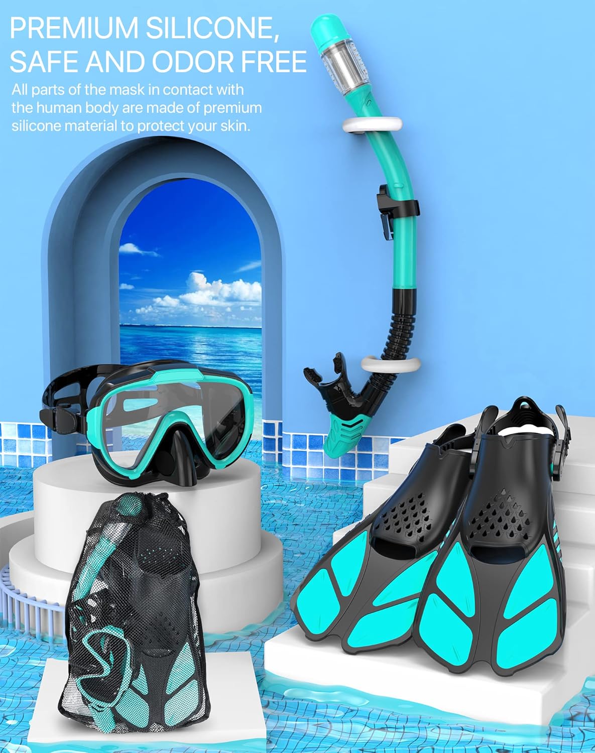 Snorkeling Gear for Adults Men Women,4 in 1 Snorkel Set with Panoramic View Diving Mask Anti-Fog Anti-Leak,Dry Top Snorkel,Fins and Travel Bag for Swimming,Snorkeling and Travel Diving - Image 5