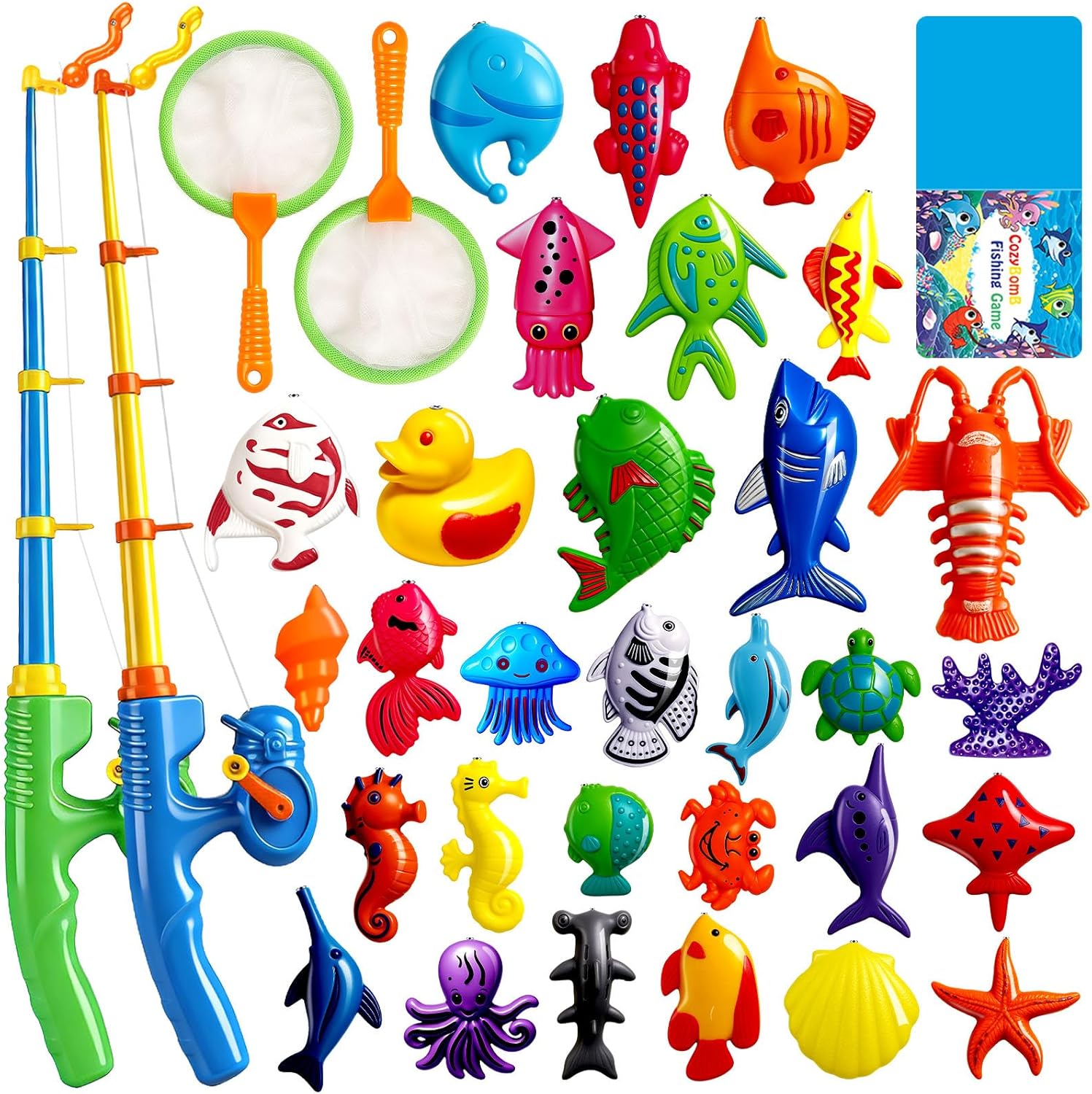 CozyBomB™ Magnetic Fishing Toys Game Set for Kids | Water Table Bathtub Kiddie Pool Party Pole Rod Net, Outdoor Plastic Floating Fish, Toddler Bath Color Ocean Sea Animals Birthday Gift Age 3-5 6 4-8