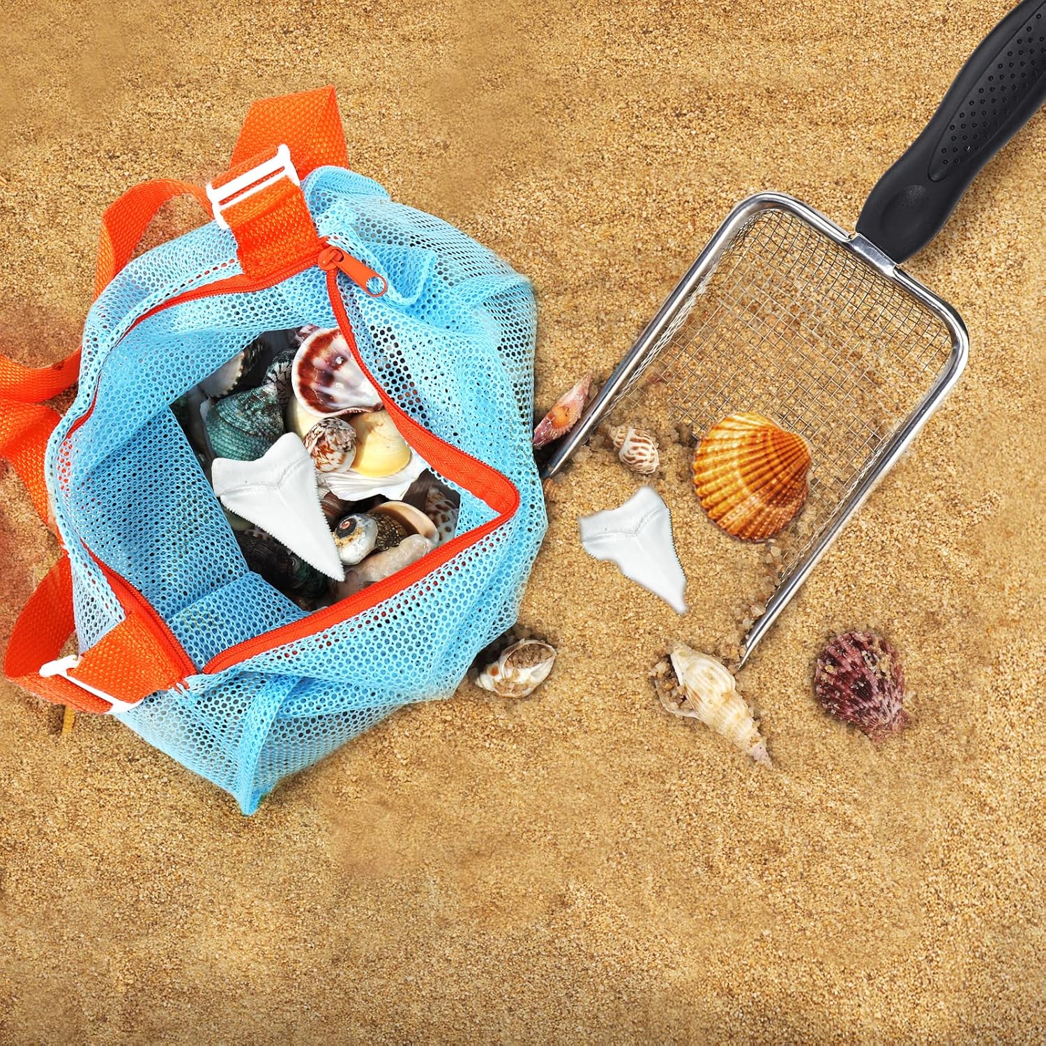 Beach Mesh Shovel with Mesh Beach Bag for Shell Collecting, Kids Filter Sand Scooper for Picking Up Shells, Shark Tooth Sifter Dipper for Boys and Girls, Toy - Image 2