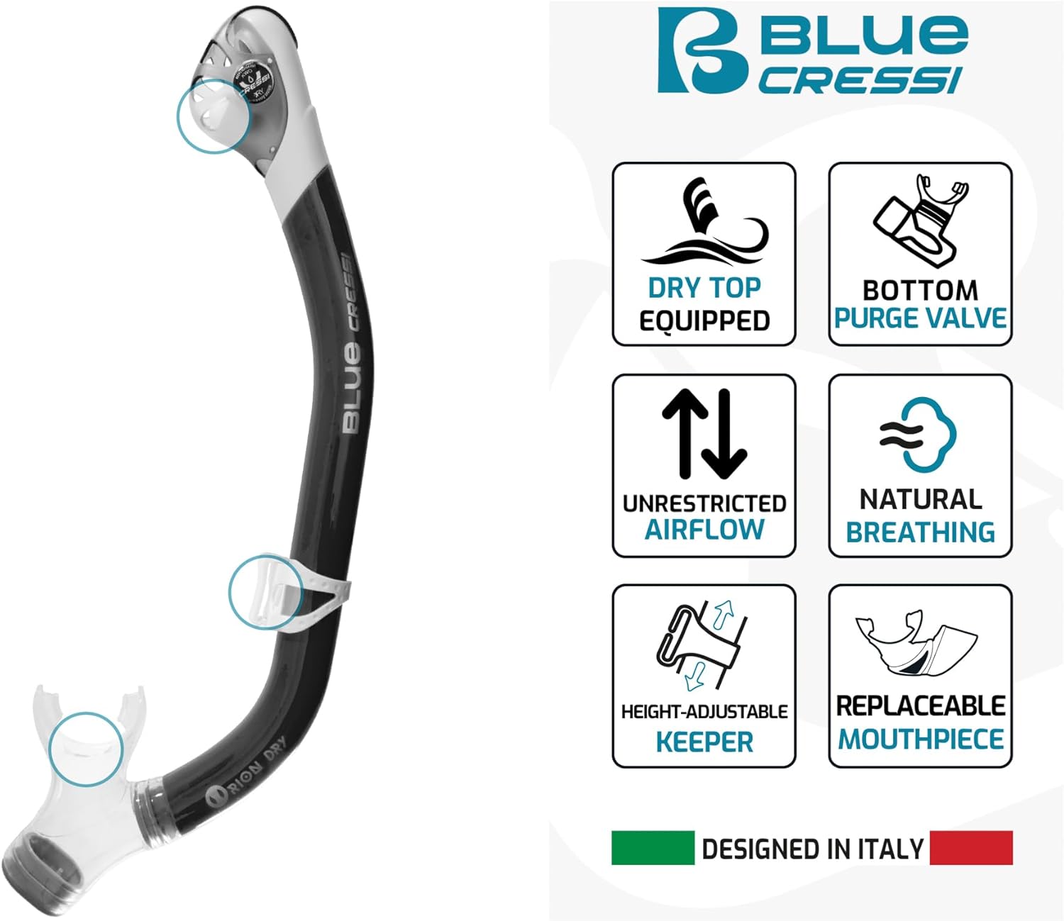 Cressi Adult Snorkel Set (Mask, Dry Snorkel, Adjustable Fins) - Light for Travel - Ocean Set: Designed in Italy - Image 6