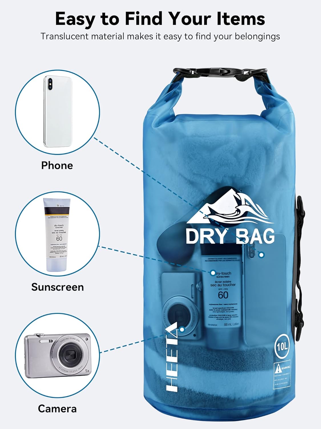 HEETA Dry Bag Waterproof for Women Men, 5L/10L/20L/30L/40L Roll Top Lightweight Dry Storage Bag Backpack with Phone Case for Travel Swimming Boating Kayaking Paddle Board Camping Beach Accessories - Image 7