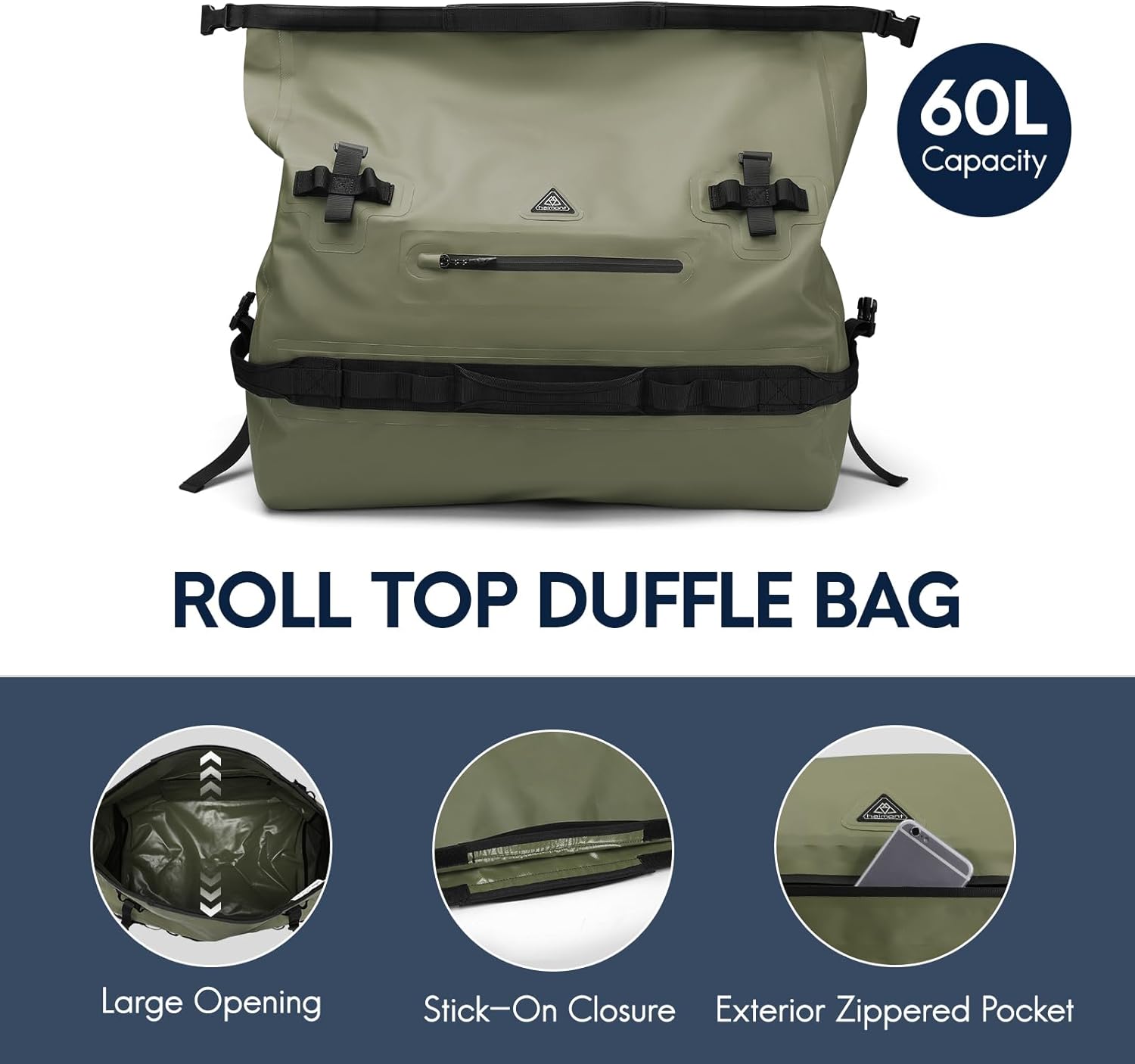 Haimont Large Waterproof Duffel Backpack Roll-Top Heavy Duty Dry Duffle Bag for Boating, Travel, Motorcycle, Kayaking, Camping, 60L - Image 4