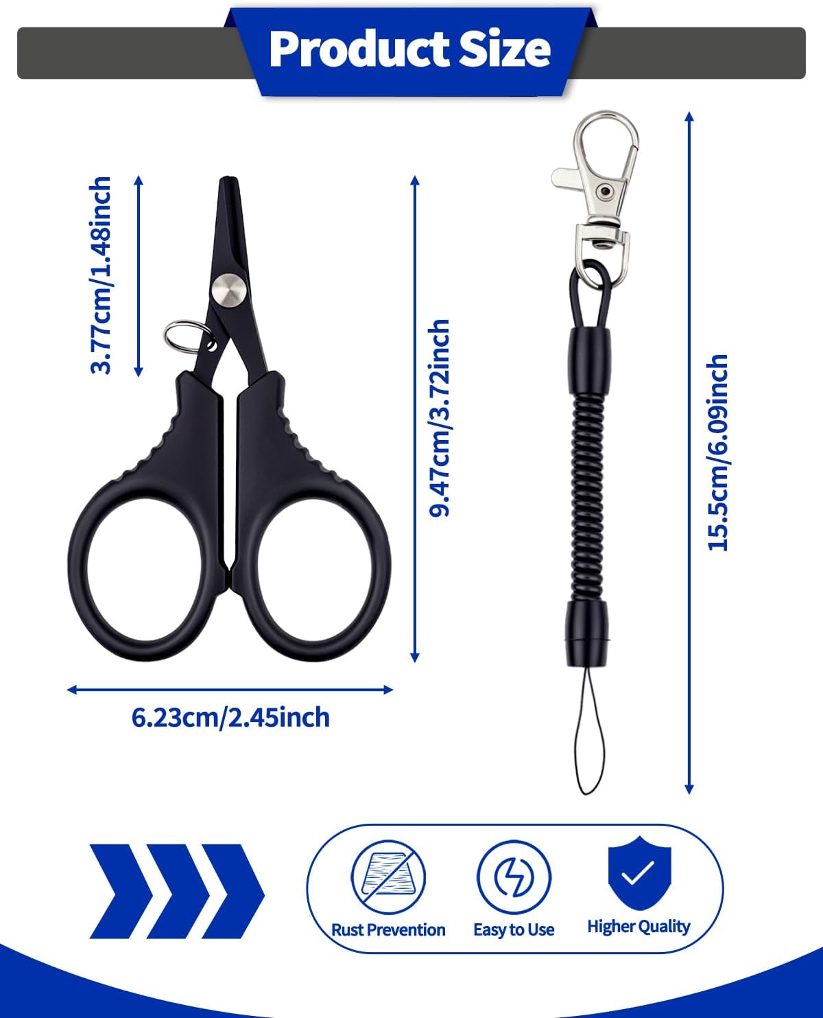 3 PCS Fishing Scissors, Stainless Steel Fishing Line Cutter &braided Line Cutter, Cutters with Titanium Coating-Fishing with Hook and Retractable Coil Lanyards Fishing Accessories (Black) - Image 2