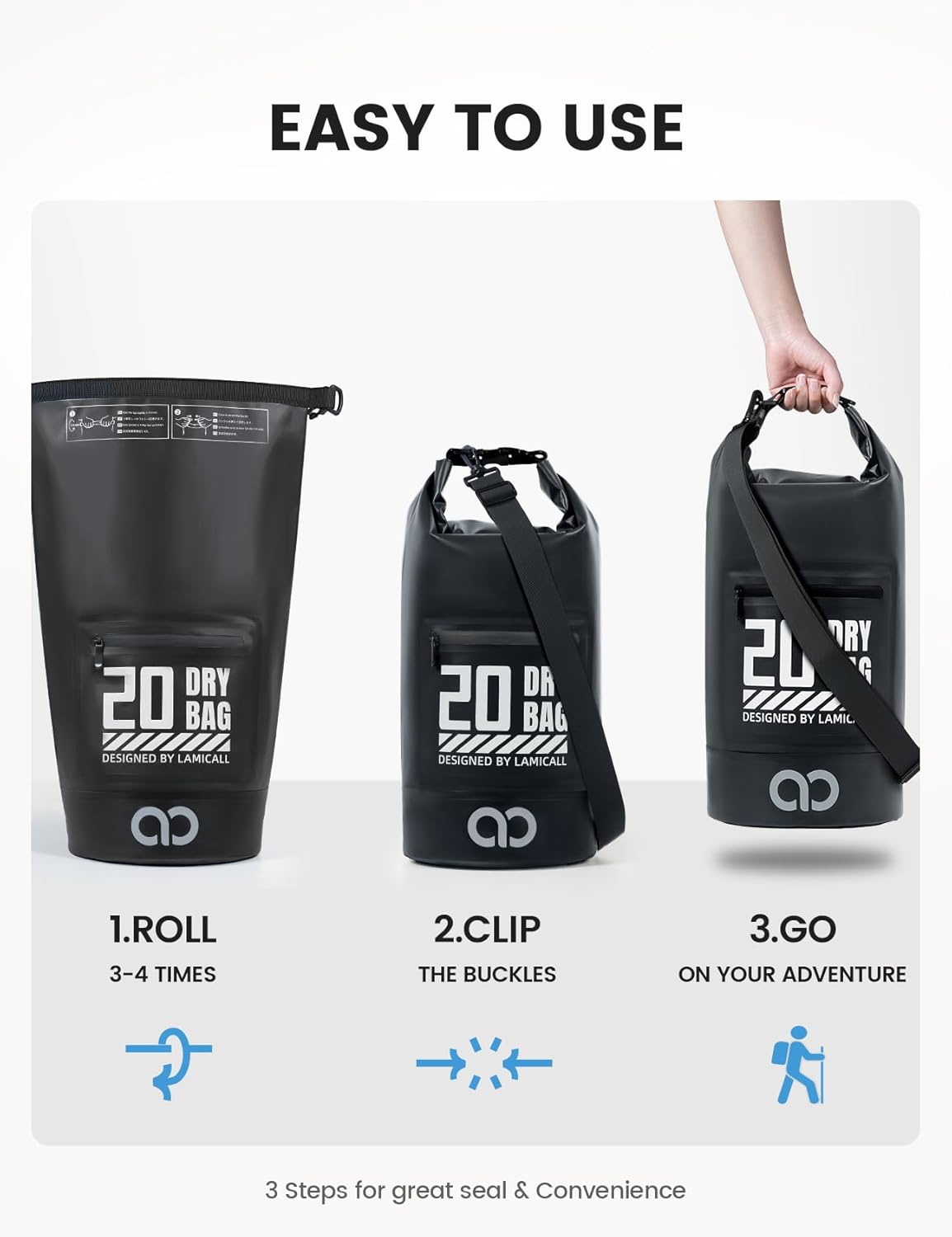 Lamicall Waterproof Dry Bag with Phone Pouch, Floating Roll Top Backpack, 10L, Black - Image 6