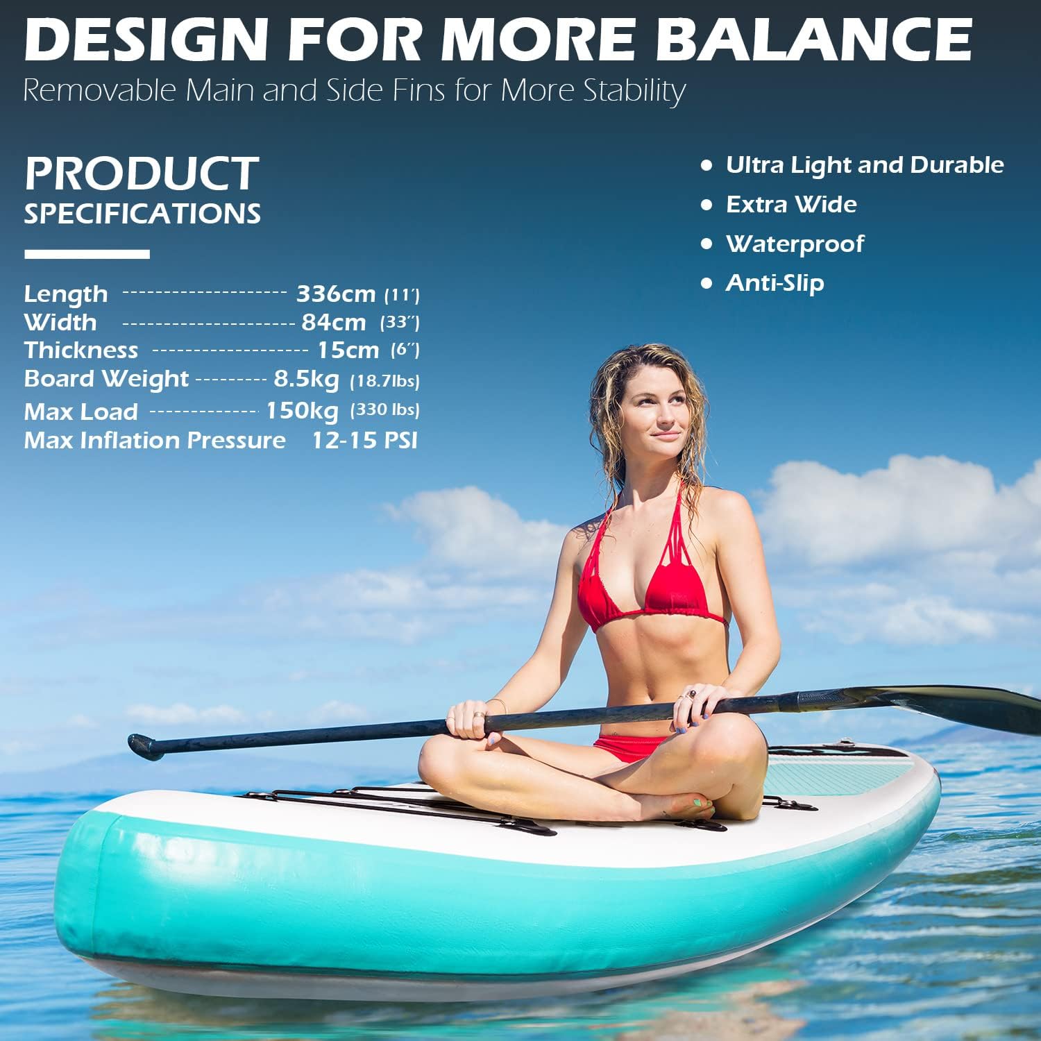 ADVENOR Paddle Board 11'x33 x6 Extra Wide Inflatable Stand Up Paddle Board with Hand Pump,Leash, Adjustable Paddle For Basic Version, Extra Kayak Paddle Kayak Seat 2 Fishing Mounts For Fishing Version - Image 5