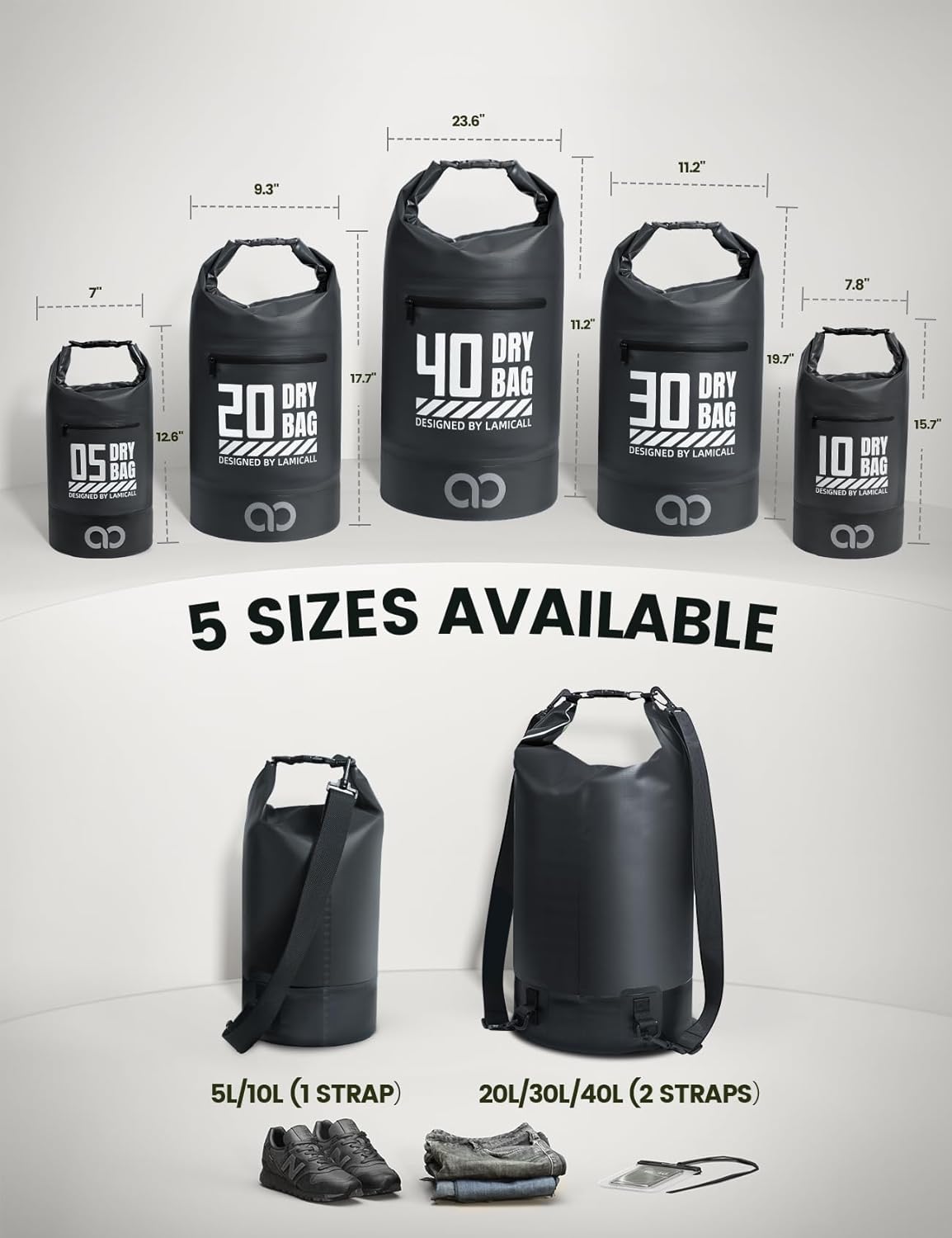 Lamicall Waterproof Dry Bag with Phone Pouch, Floating Roll Top Backpack, 10L, Black - Image 2