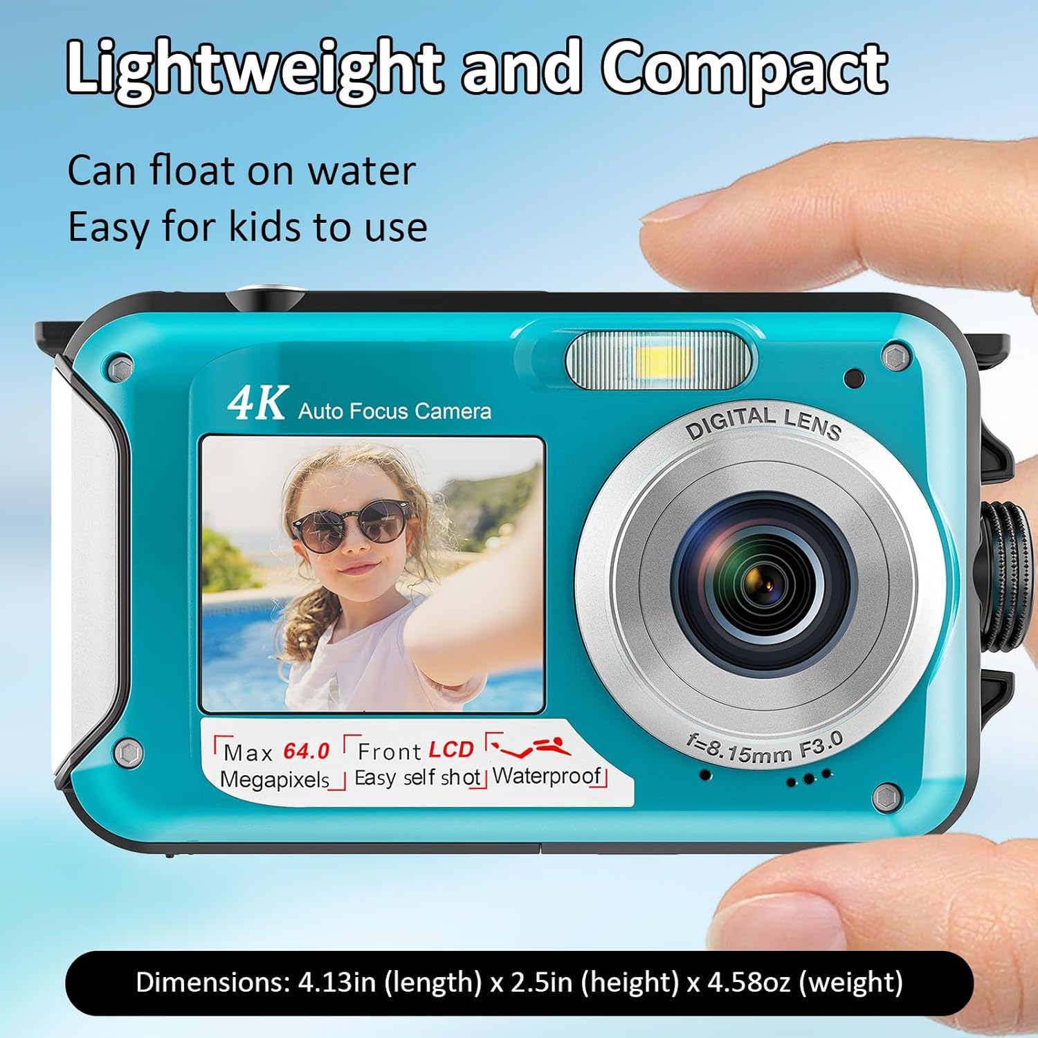 4K Underwater Camera 16FT Waterproof Camera with 32GB Card 64MP Autofocus Dual-Screen Selfie Underwater Camera for Snorkeling Waterproof Compact Floatable Digital Camera 1250mAh Battery Type-C (Blue) - Image 6