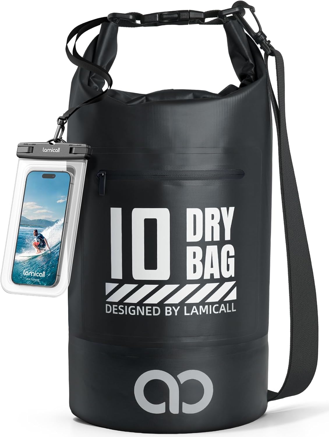 Lamicall Waterproof Dry Bag with Phone Pouch, Floating Roll Top Backpack, 10L, Black