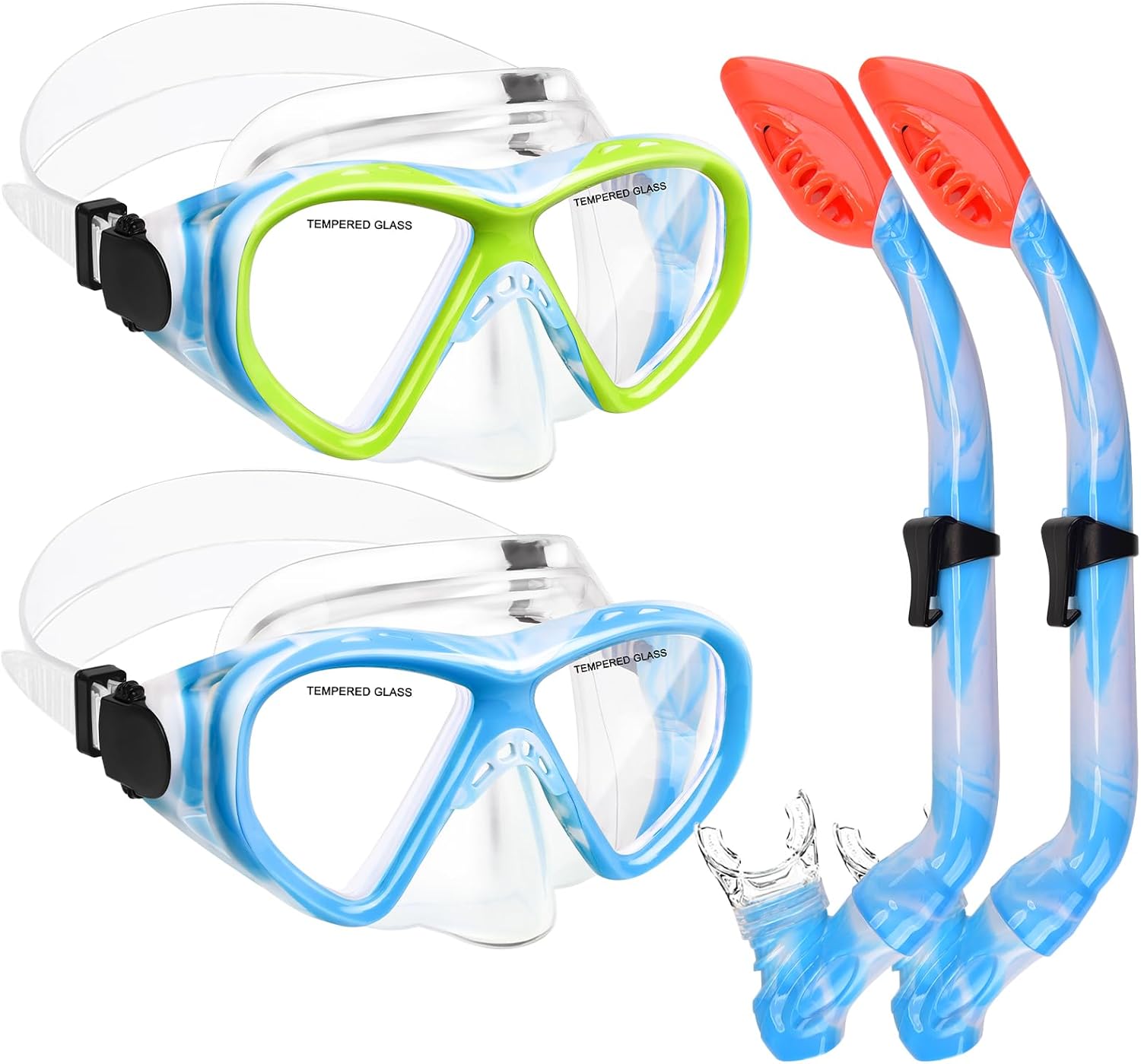 2 Sets Snorkeling Gear for Kids, Kids Snorkel Set for Ages 6-14, Dry Top Snorkel Mask Set for Youth Boys Girls Junior, Tempered Glass Diving Swimming Mask Goggles