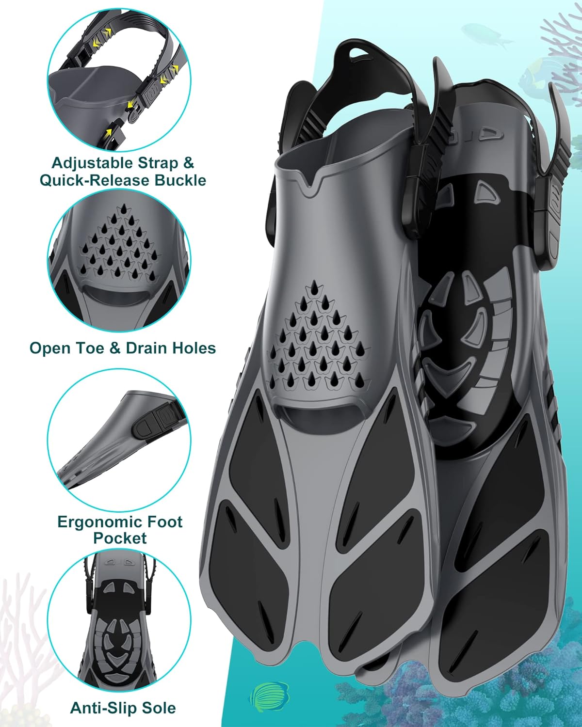 Mask Fins Snorkeling Gear for Adults, Full Face Snorkel Mask & Adjustable Swim Fins Snorkel Set, Panoramic View Snorkel Mask Dry Top Anti-Fog Anti-Leak - Image 4