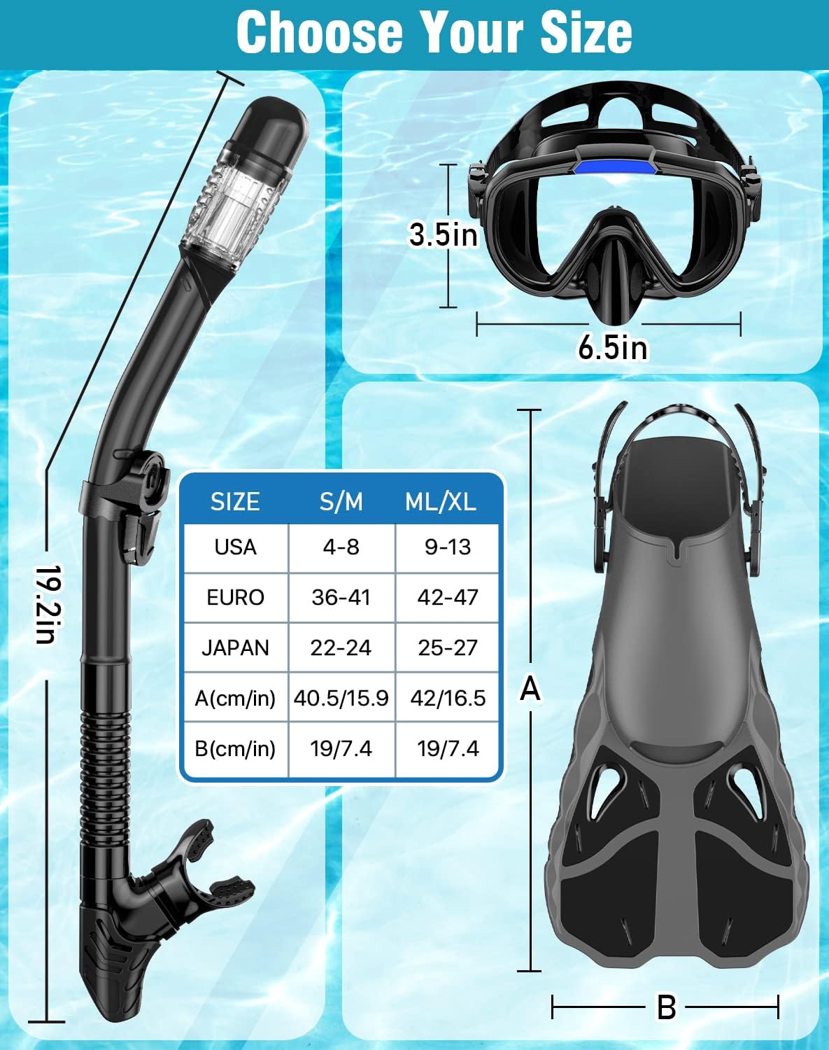Snorkel Set with Fins for Adults, Snorkeling Gear for Adults Men and Women, Snorkle, Mask Set Adults Dry Top Snorkel Mask Combo Set with Travel Bag for Snorkeling, Diving, Swimming - Image 6