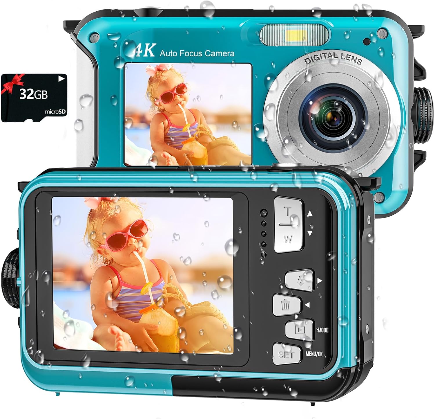 4K Underwater Camera 16FT Waterproof Camera with 32GB Card 64MP Autofocus Dual-Screen Selfie Underwater Camera for Snorkeling Waterproof Compact Floatable Digital Camera 1250mAh Battery Type-C (Blue)