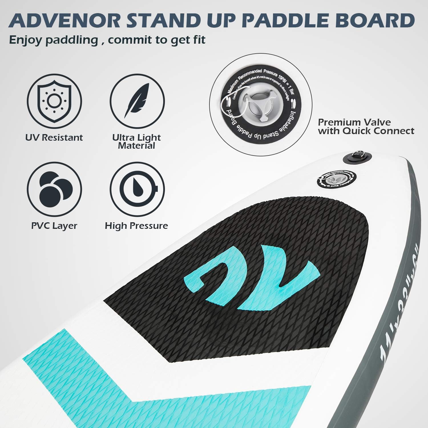 ADVENOR Paddle Board 11'x33 x6 Extra Wide Inflatable Stand Up Paddle Board with Hand Pump,Leash, Adjustable Paddle For Basic Version, Extra Kayak Paddle Kayak Seat 2 Fishing Mounts For Fishing Version - Image 3