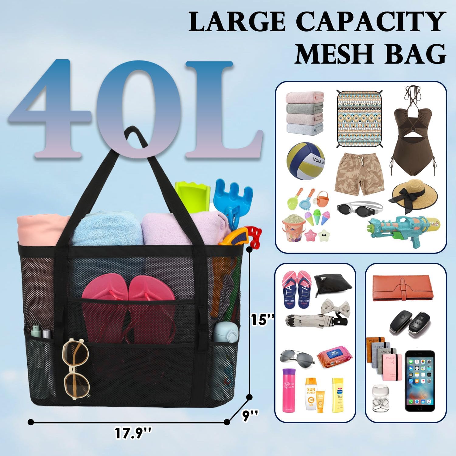 Mesh Beach Bag, Large Beach Tote with Zipper Pocket, Toys Pool Bag for Family Travel Vacation Cruise Essentials - Image 4