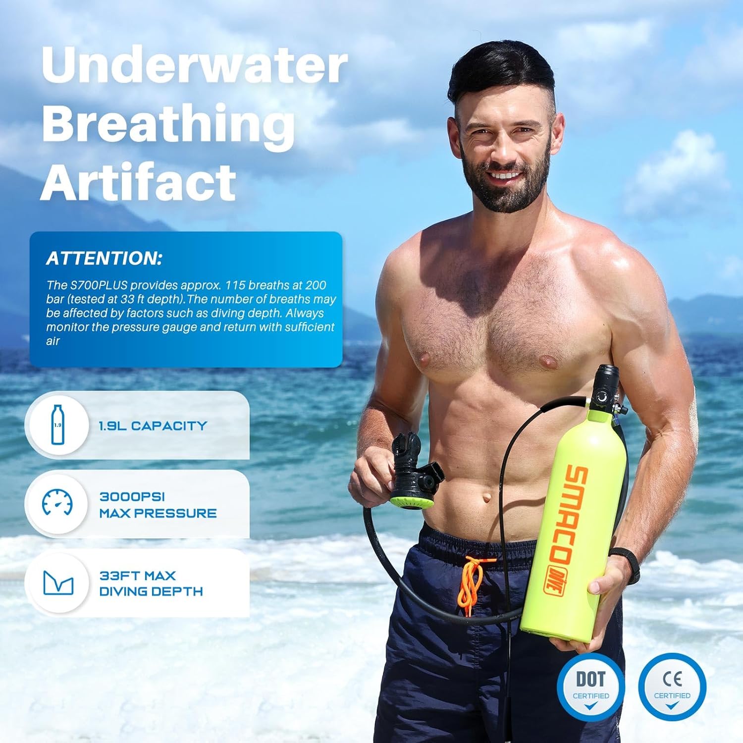 SMACO S700 Plus Mini Scuba Tank 1.9L Portable Diving Tank Reusable Pony Bottle for Underwater Exploration Lung Air Tank Kit Diving Cylinder for Emergency Rescue Boat Cleaning Backup Air Source - Image 2