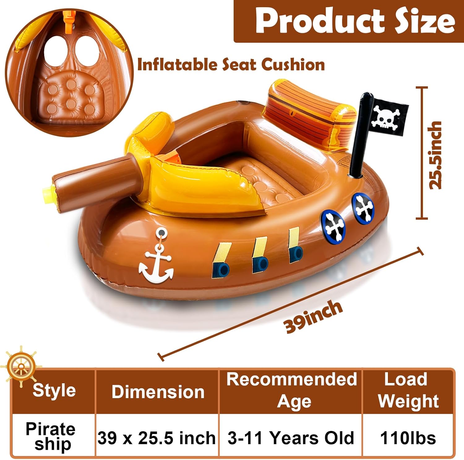 Inflatable Pirate Ship Pool Floats Kids 3-11 Years Toddler Pool Floaties with Water Cannon Gun Swimming Pool Toys Boys Girls Party Float Ride-on Floaty Rafts with Safety Seat Summer Outdoor Water Game - Image 2