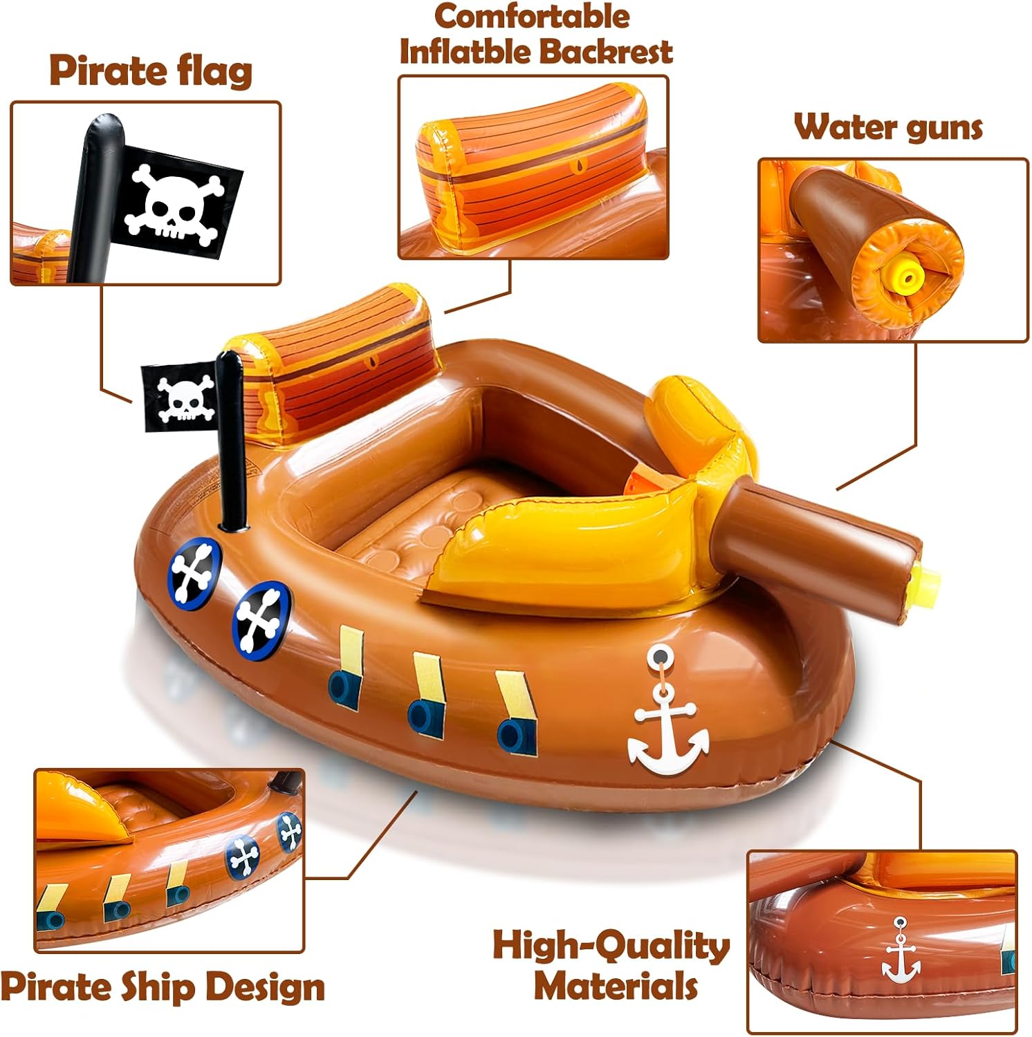Inflatable Pirate Ship Pool Floats Kids 3-11 Years Toddler Pool Floaties with Water Cannon Gun Swimming Pool Toys Boys Girls Party Float Ride-on Floaty Rafts with Safety Seat Summer Outdoor Water Game - Image 5