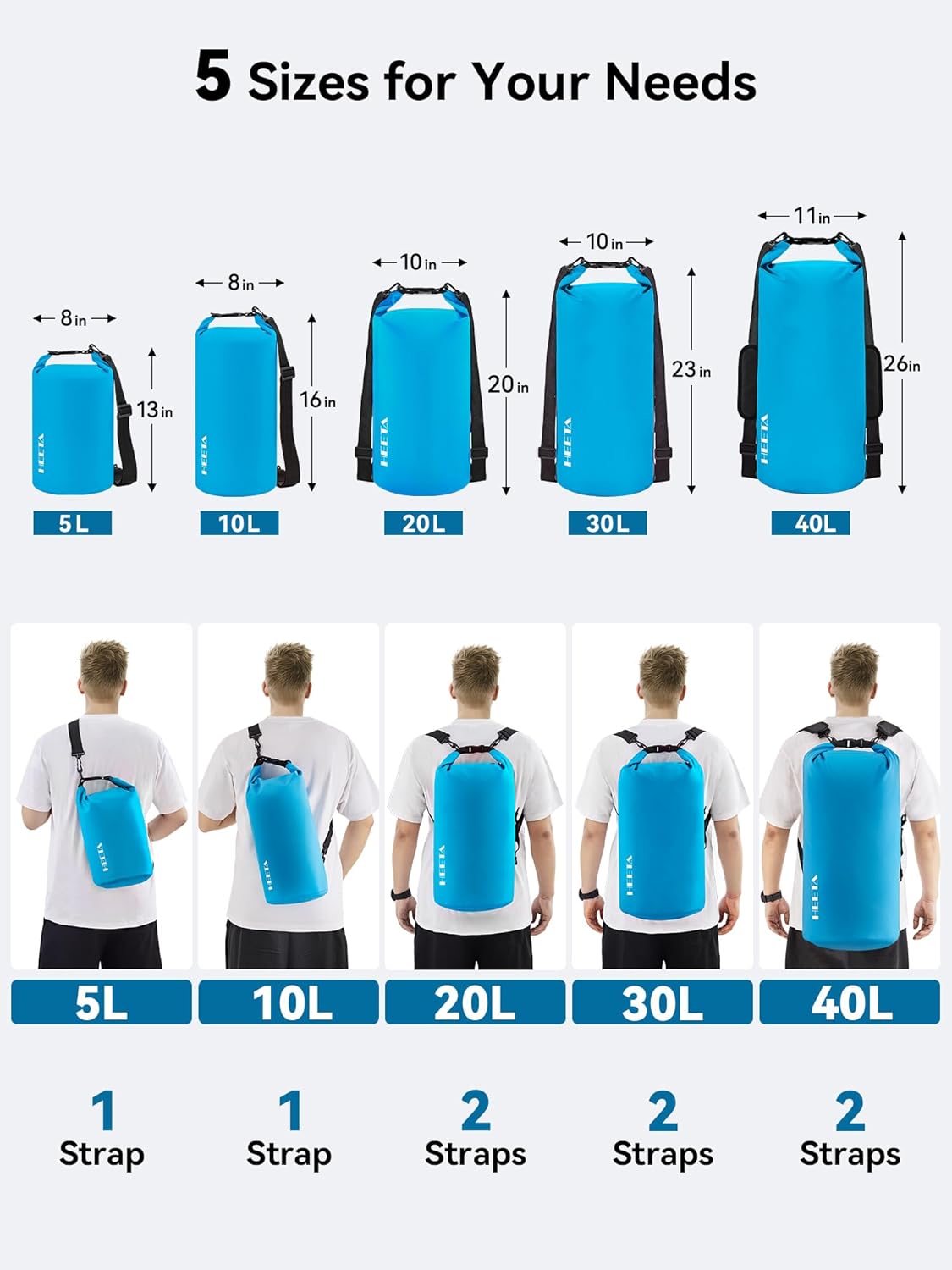 HEETA Waterproof Dry Bag for Women Men, 5L/10L/20L/30L/40L Roll Top Lightweight Dry Storage Bag Backpack with Emergency Whistle for Travel, Kayaking, Boating, Camping, Beach, Cruise Ship Essentials - Image 2