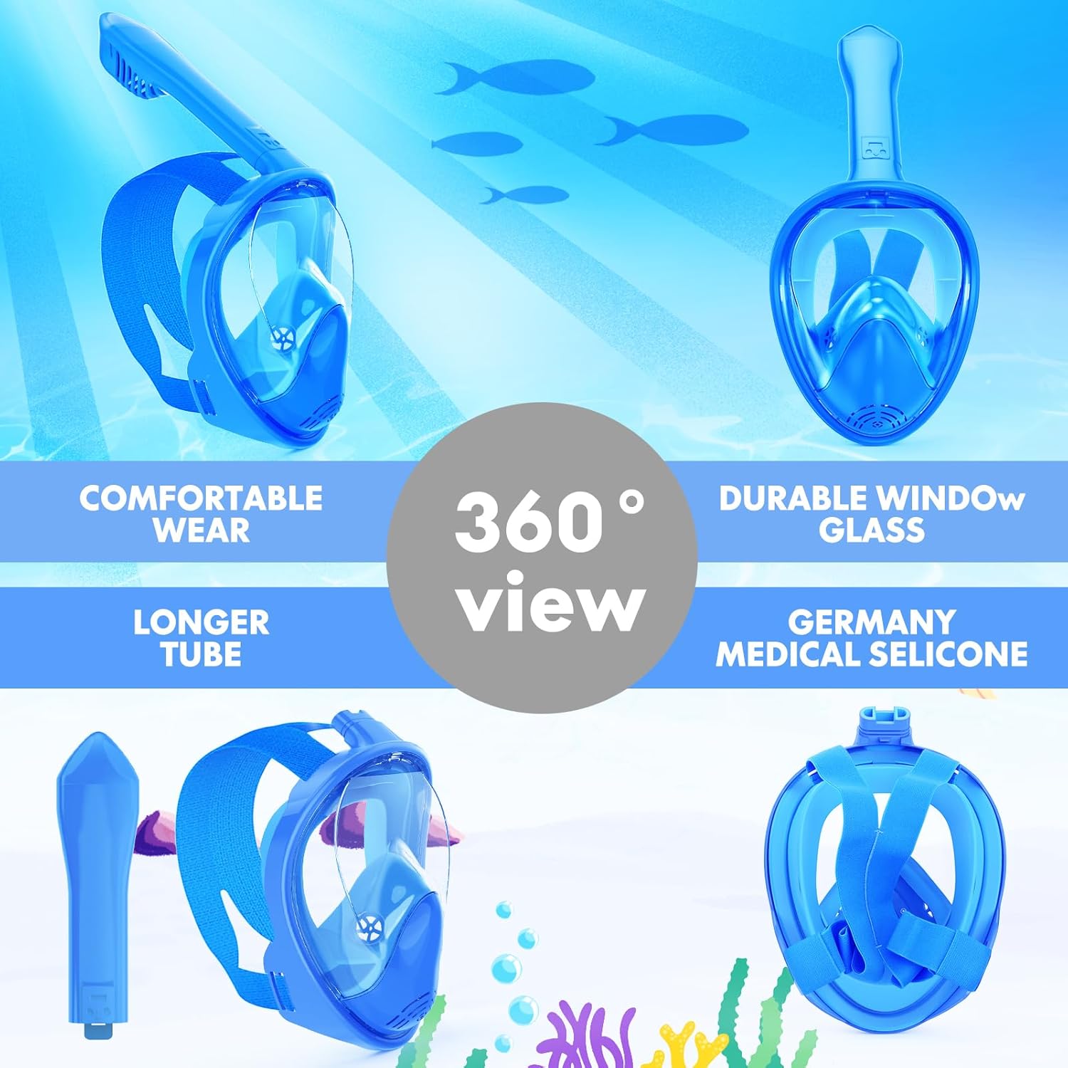 Kids Snorkel Mask Full Face, Snorkeling Gear for Kids 2-14 with Camera Mount, 180 Degree Panoramic View Snorkeling Set Anti-Fog Anti-Leak - Image 5