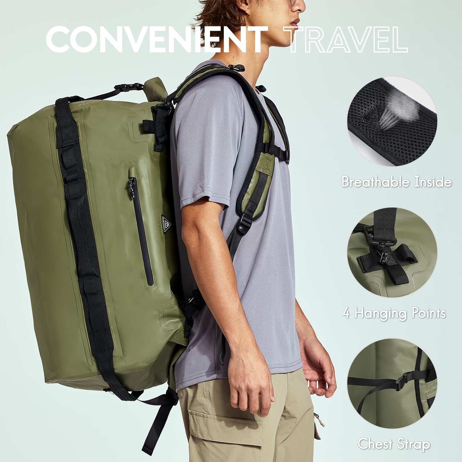 Haimont Large Waterproof Duffel Backpack Roll-Top Heavy Duty Dry Duffle Bag for Boating, Travel, Motorcycle, Kayaking, Camping, 60L - Image 3