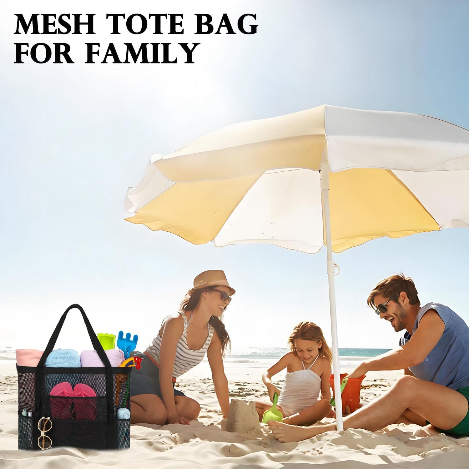 Mesh Beach Bag, Large Beach Tote with Zipper Pocket, Toys Pool Bag for Family Travel Vacation Cruise Essentials - Image 8