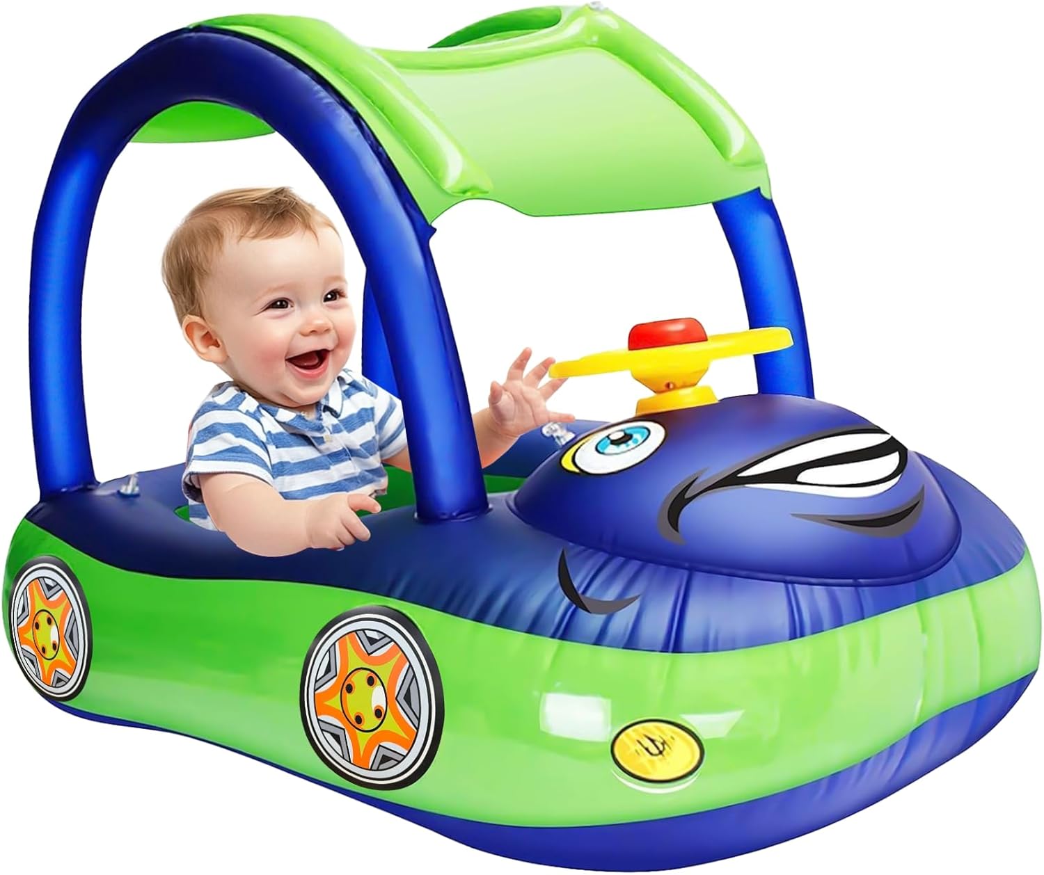 iGeeKid Inflatable Baby Pool Float with Canopy, Safty Seat for Infant Baby Swim Float Rings Car Shaped Swimming Pool Floaties for Babies Toddler Age of 18-36 Months (Blue) - Image 7