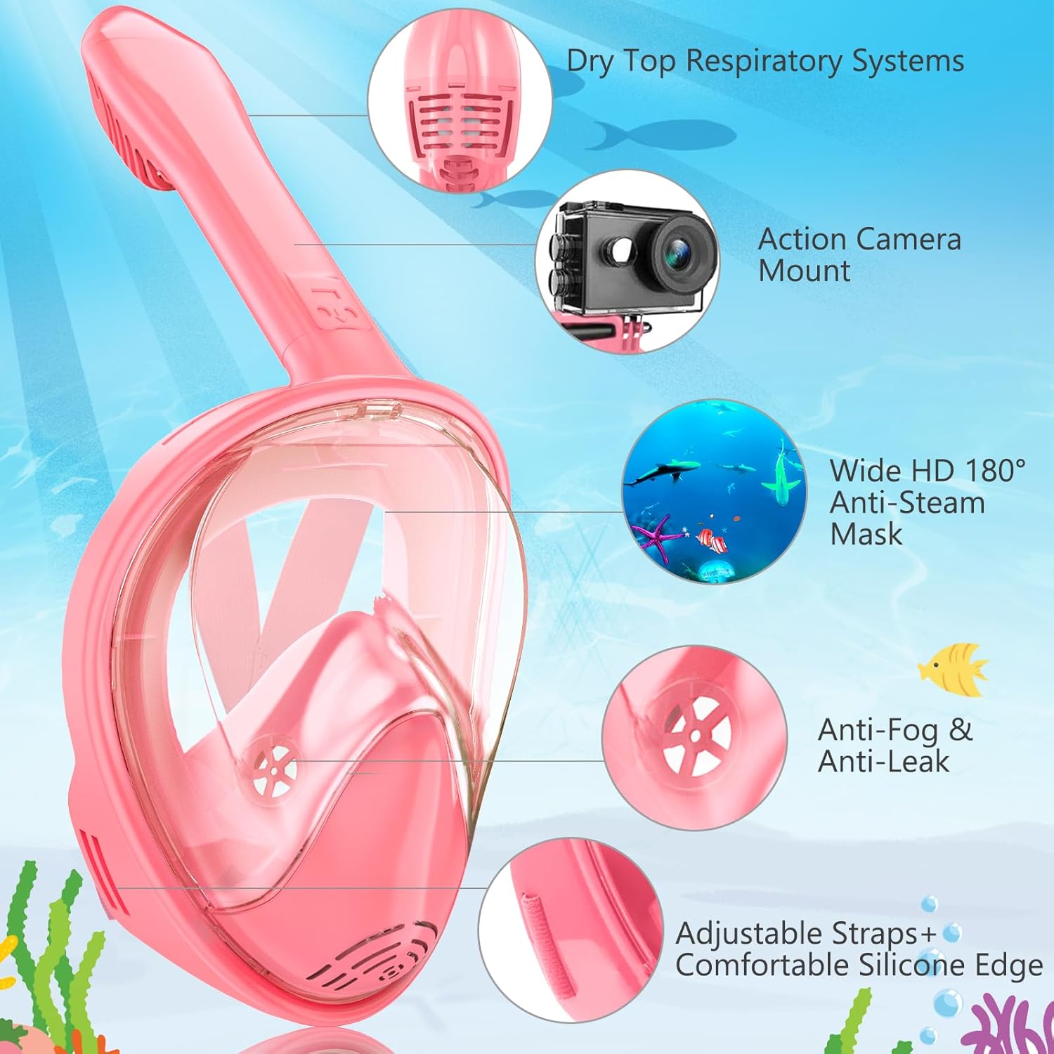 Kids Snorkel Mask Full Face, Snorkeling Gear for Kids 2-14 with Camera Mount, 180 Degree Panoramic View Snorkeling Set Anti-Fog Anti-Leak - Image 2