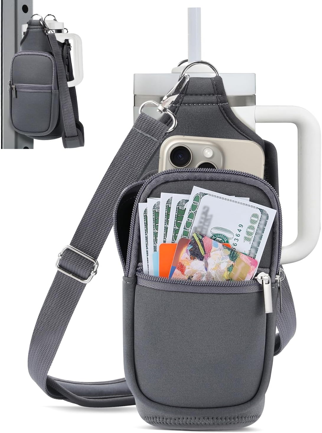 Magnetic Gym Bag Water Bottle Carrier Holder with Phone Pockets & Shoulder Strap for Men Women,Water Bottle Holder, Gym Pouch, Crossbody Bag for Travel, Sports, Work, Fitness - Dark Gray