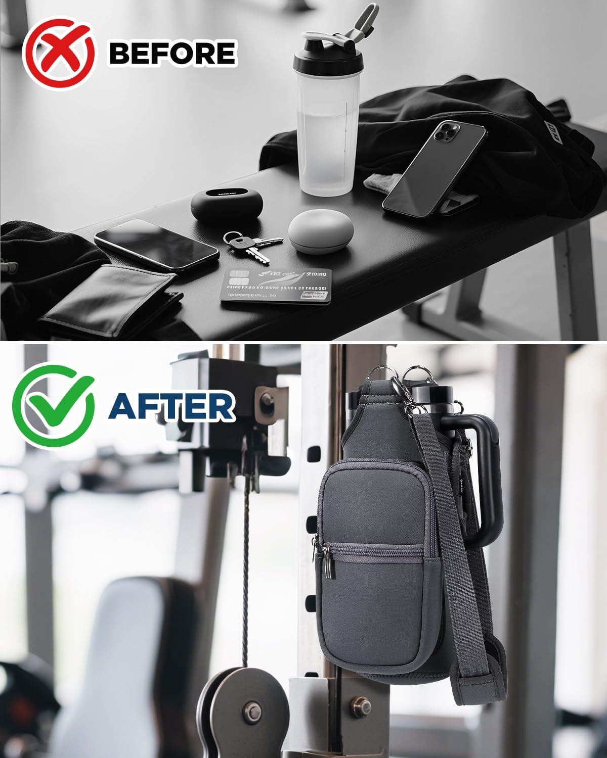Magnetic Gym Bag Water Bottle Carrier Holder with Phone Pockets & Shoulder Strap for Men Women,Water Bottle Holder, Gym Pouch, Crossbody Bag for Travel, Sports, Work, Fitness - Dark Gray - Image 5