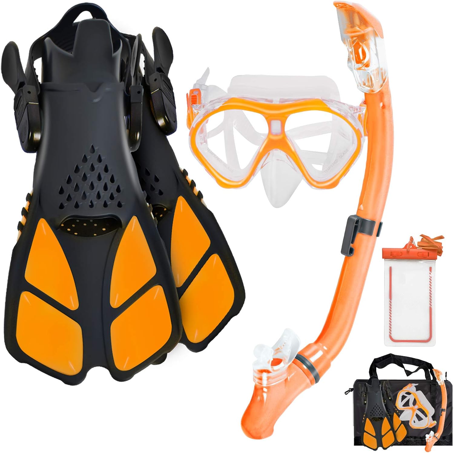 Kids Snorkeling Set Children Mask Fin Snorkel Set Snorkeling Gear Snorkel Mask + Adjustable Swimming Kids Flippers+ Dry Snorkel Tube + Travel Bags