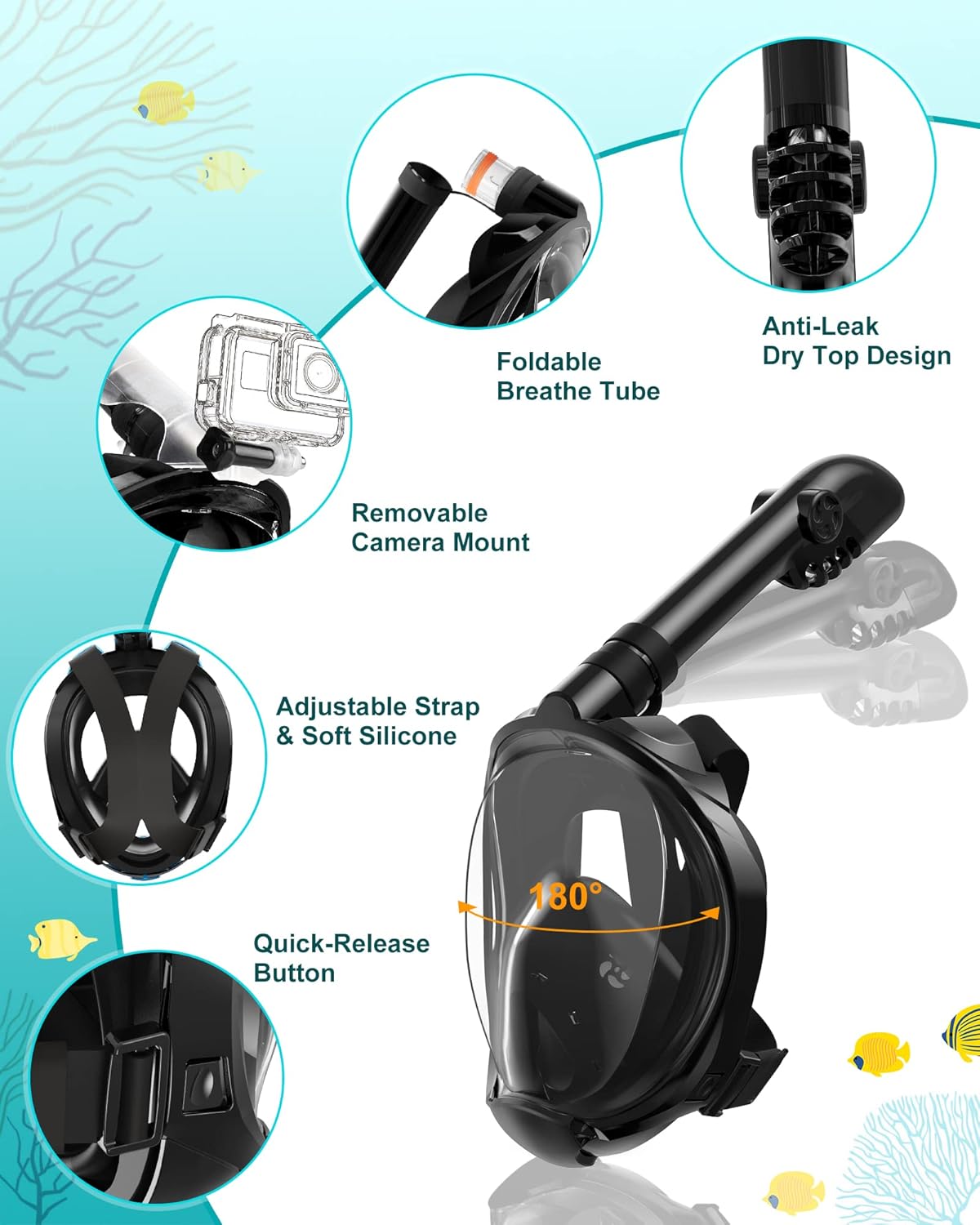 Mask Fins Snorkeling Gear for Adults, Full Face Snorkel Mask & Adjustable Swim Fins Snorkel Set, Panoramic View Snorkel Mask Dry Top Anti-Fog Anti-Leak - Image 2