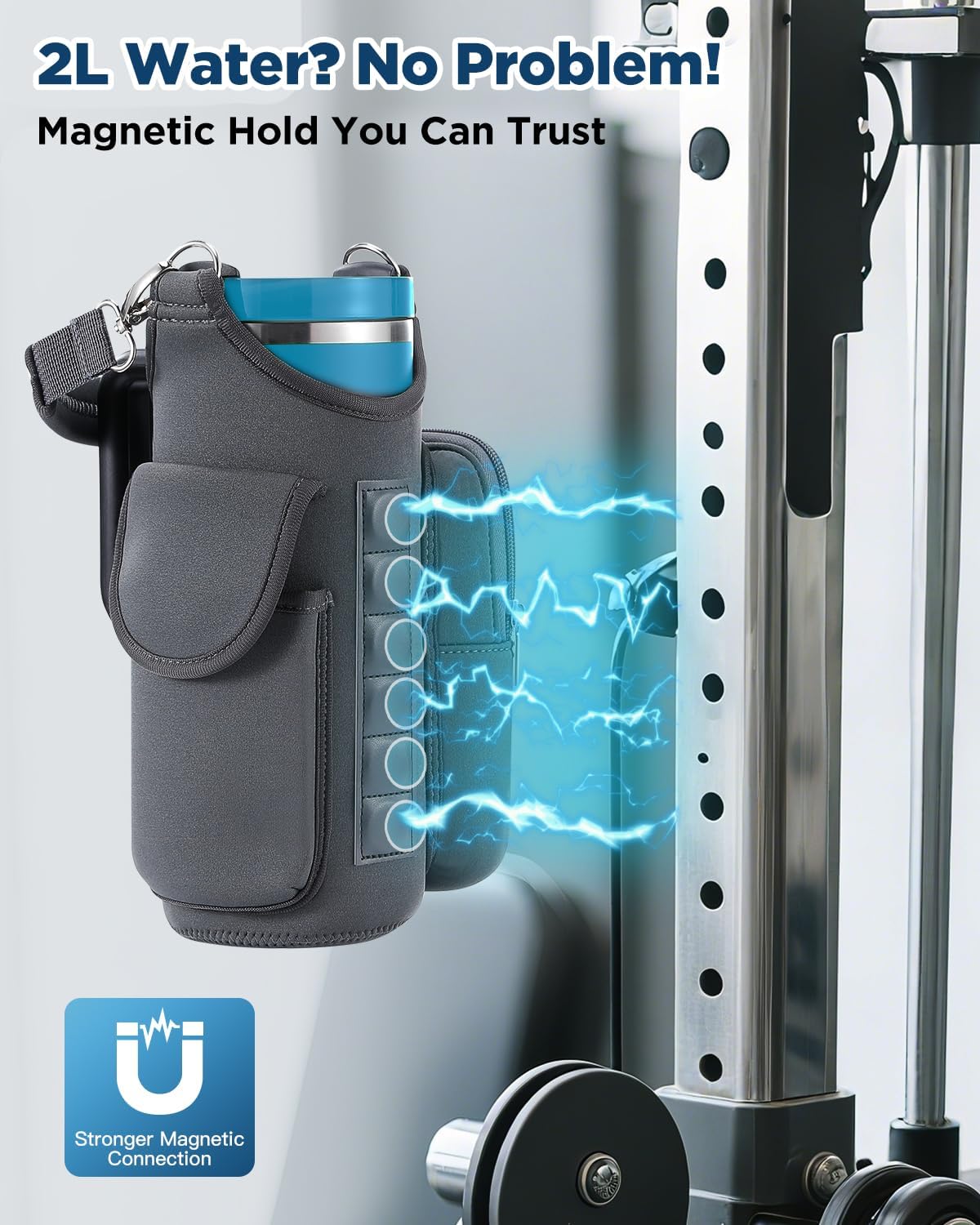 Magnetic Gym Bag Water Bottle Carrier Holder with Phone Pockets & Shoulder Strap for Men Women,Water Bottle Holder, Gym Pouch, Crossbody Bag for Travel, Sports, Work, Fitness - Dark Gray - Image 2