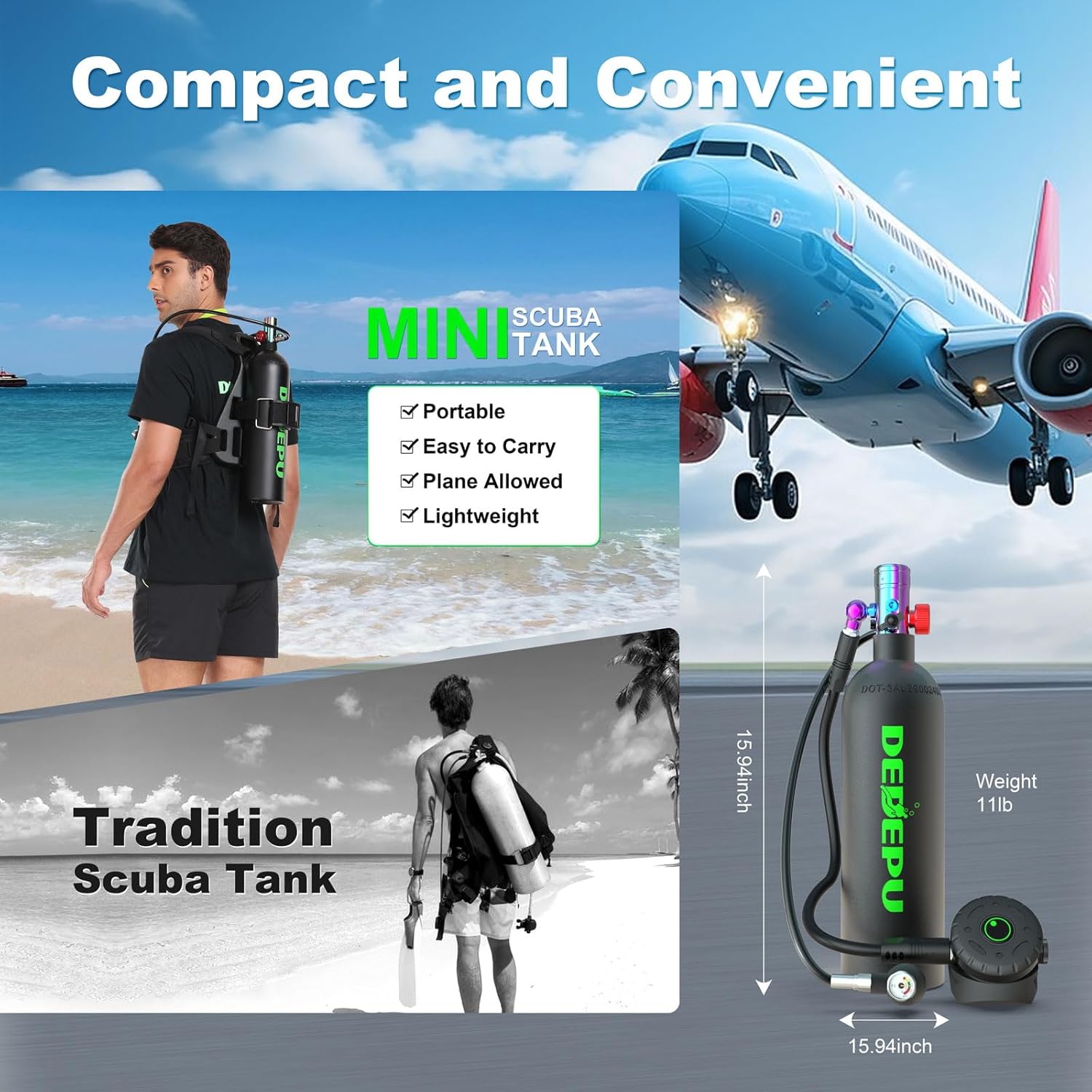 DEDEPU 2.3L Scuba Tank, Mini Diving Tank Small Lung Tank with Adapter, Up to 40 Mins Underwater Breathing Time, Portable Backup Air Cylinder, Emergency Resuce Pony Bottle - Image 2