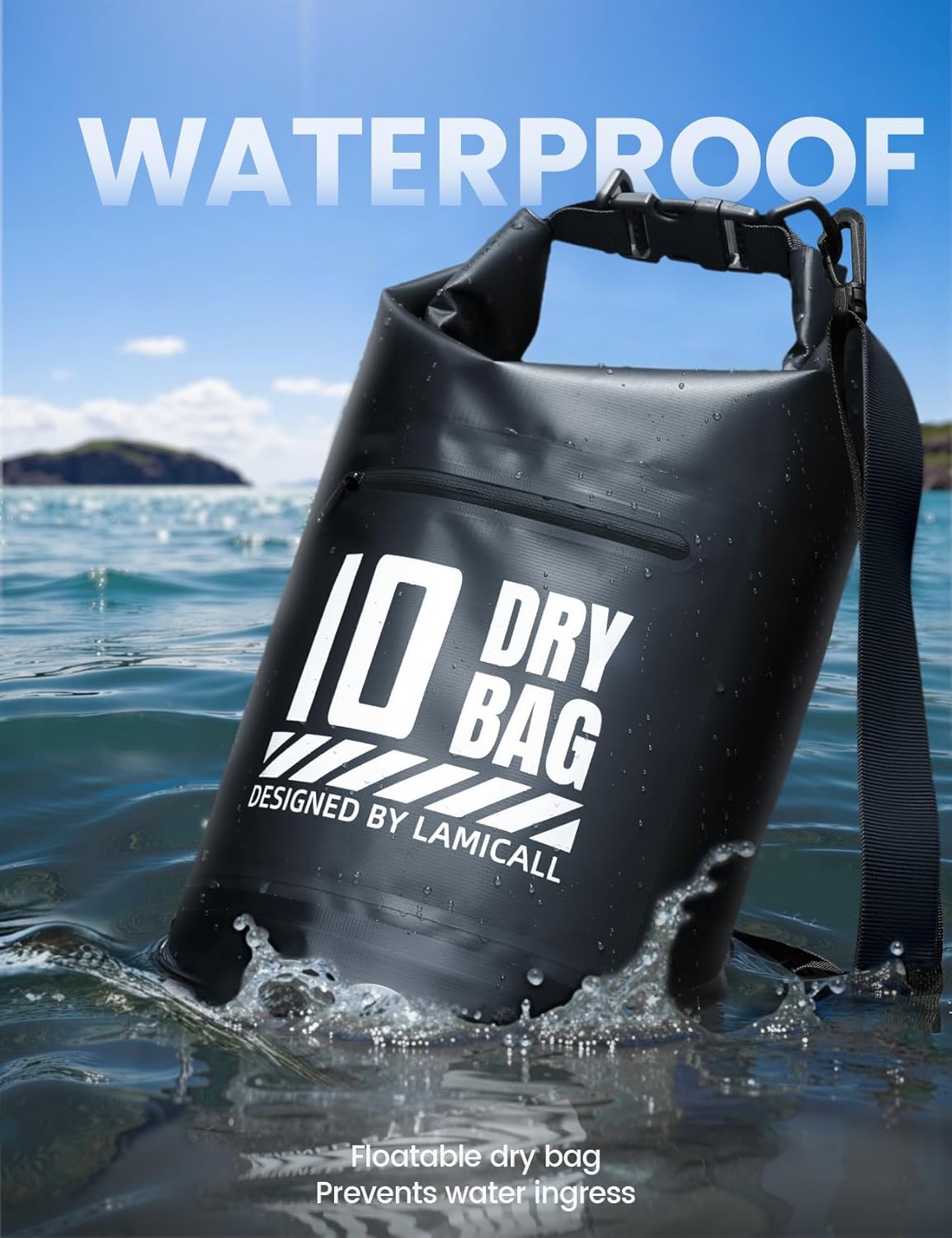 Lamicall Waterproof Dry Bag with Phone Pouch, Floating Roll Top Backpack, 10L, Black - Image 3