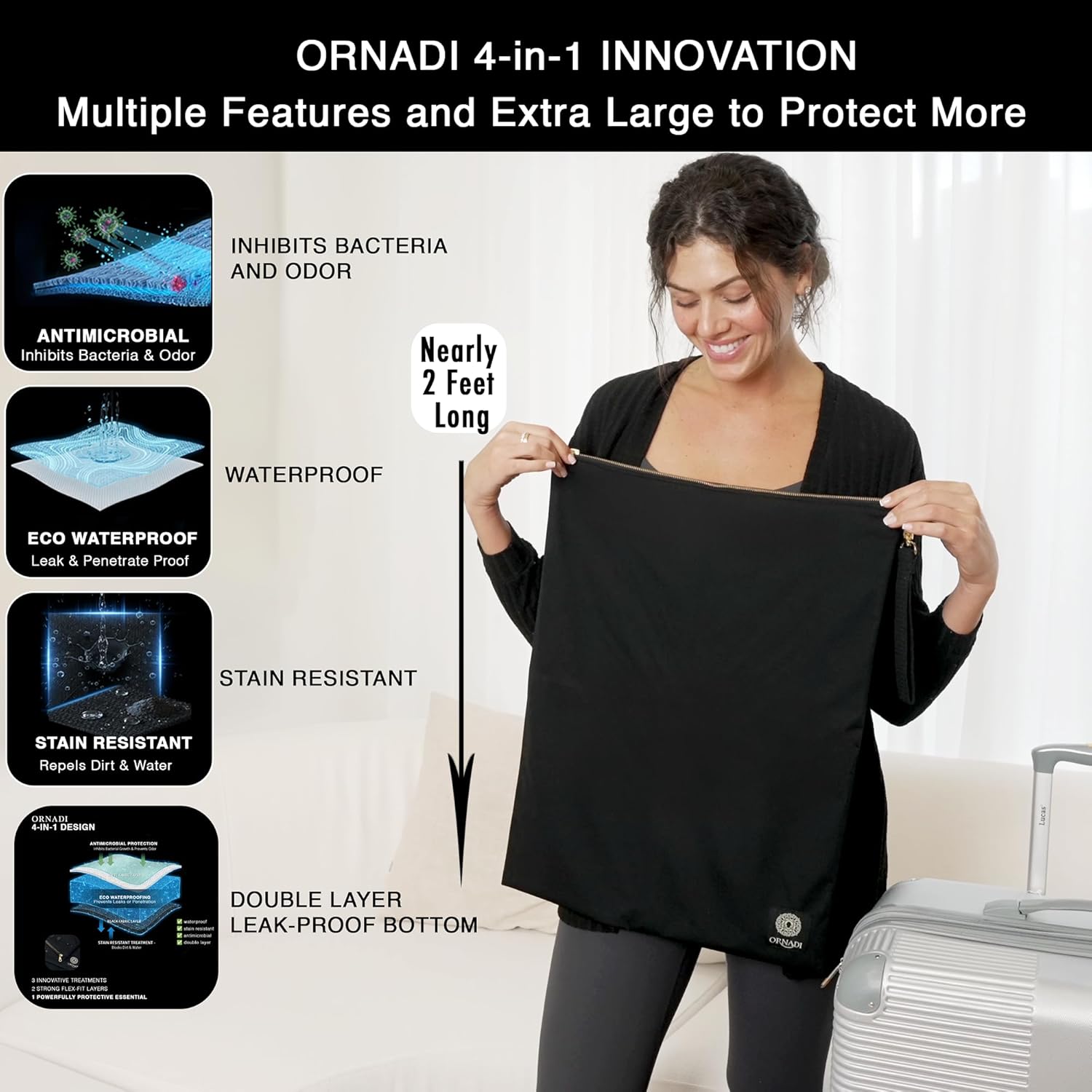 Ornadi X Large Antimicrobial Wet Dry Bag - Odor Proof for Sweaty Gym Clothes, Swimsuit & Towels, Dirty Travel Laundry, Waterproof, Leak Proof, Made in USA 17 x 23.5” - Image 2