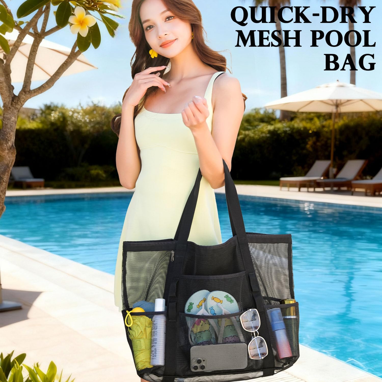 Mesh Beach Bag, Large Beach Tote with Zipper Pocket, Toys Pool Bag for Family Travel Vacation Cruise Essentials - Image 2