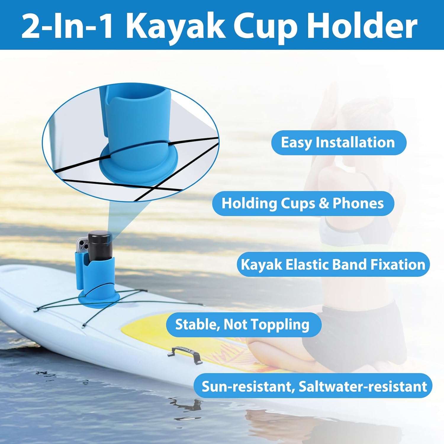 Paddleboard Cup Holder, Paddle Board and Kayak Drink Holder, 2-in-1 Drink & Phone Holder, Paddleboard Accessory for Surfboards, Canoes, SUPs, Kayaks, Boats (Blue) - Image 2