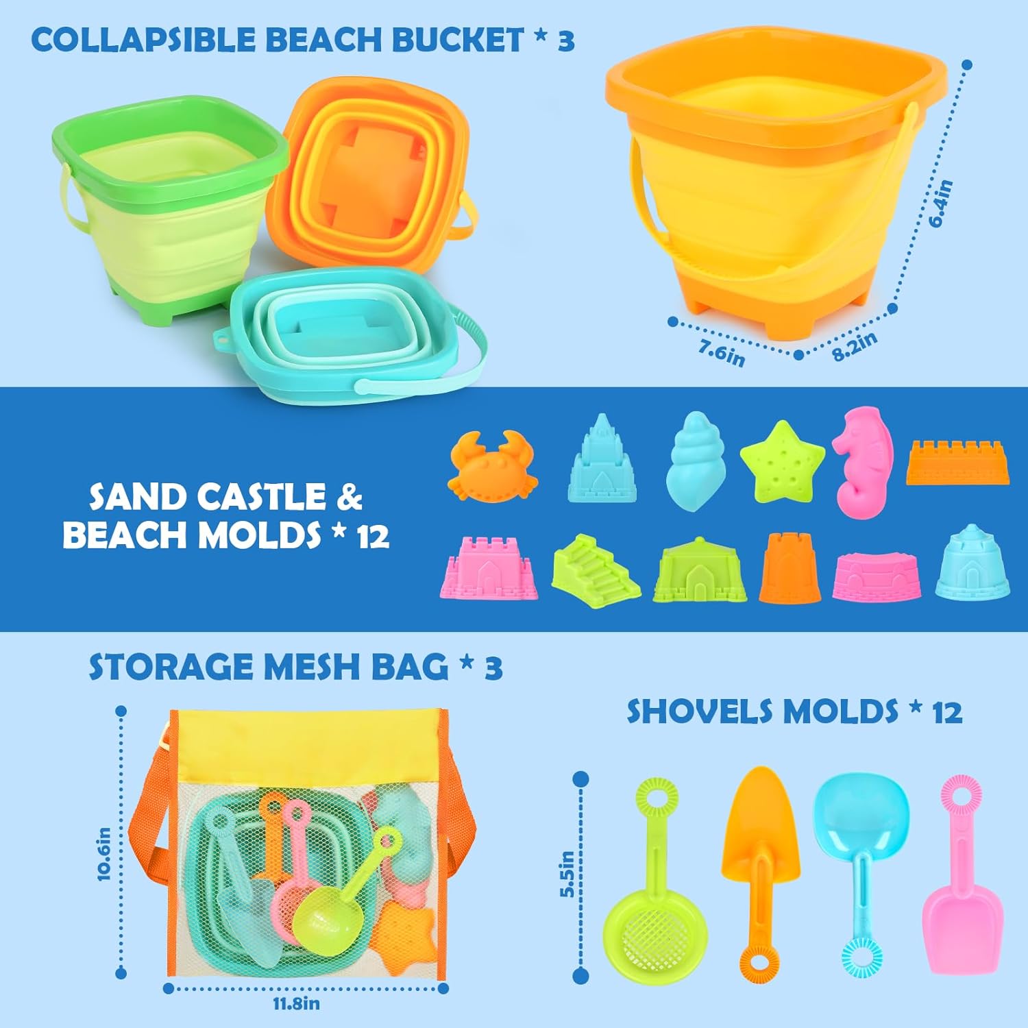 Dreamon Beach Toys for Kids 3-10, Collapsible Sand Toys Include 3 Pack Foldable Buckets with Mesh Bag, 24 PCS Beach Mold and Shovels Molds, Travel Sandbox Beach Toys for Toddler - Image 2