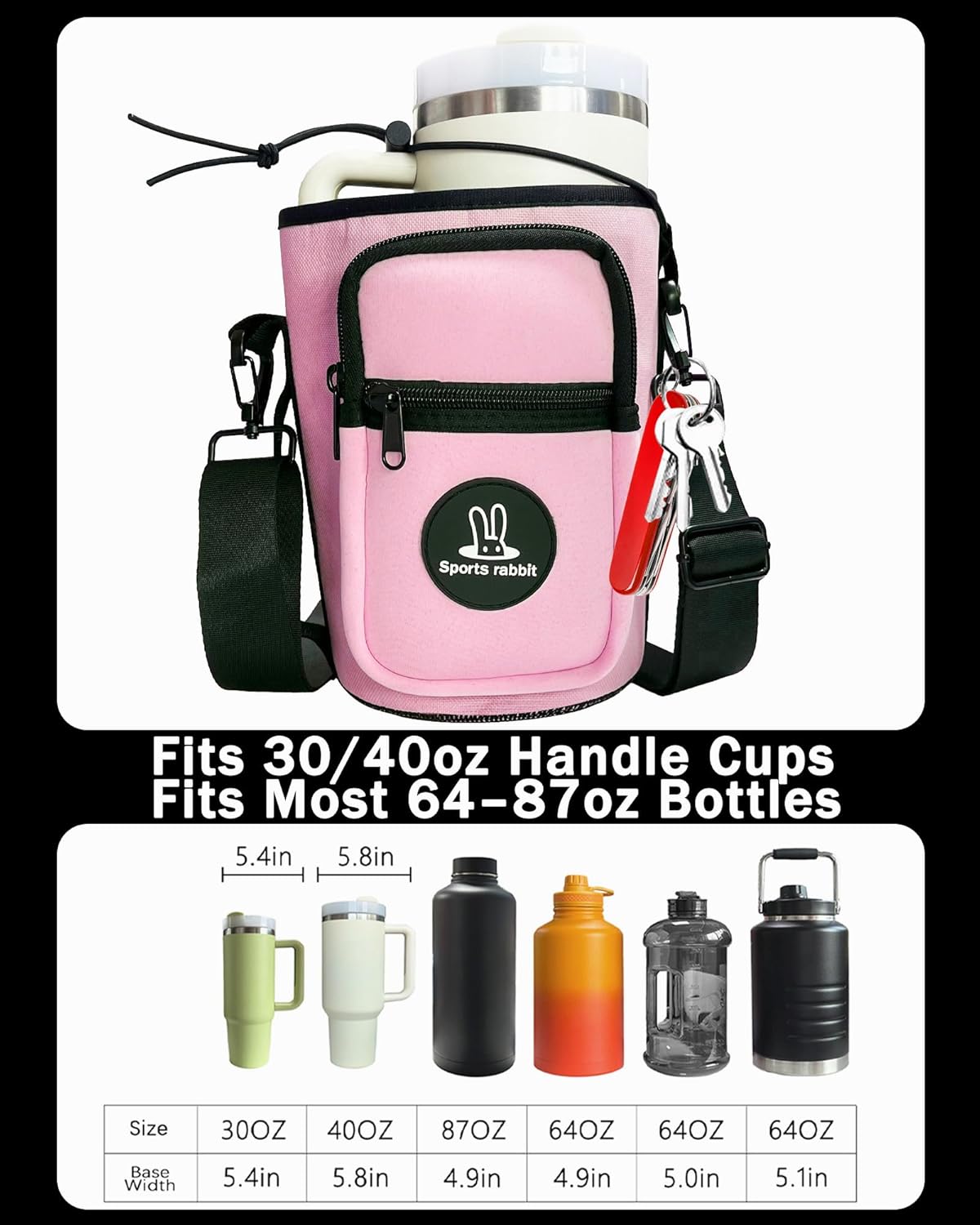 Sports rabbit Universal Water Bottle Holder – Durable Oxford & Neoprene Hybrid Design Compatible with Stanley 30/40oz Handled & 64/87oz Straight Tumblers, Adjustable Strap for Gym, Travel, Outdoors - Image 4