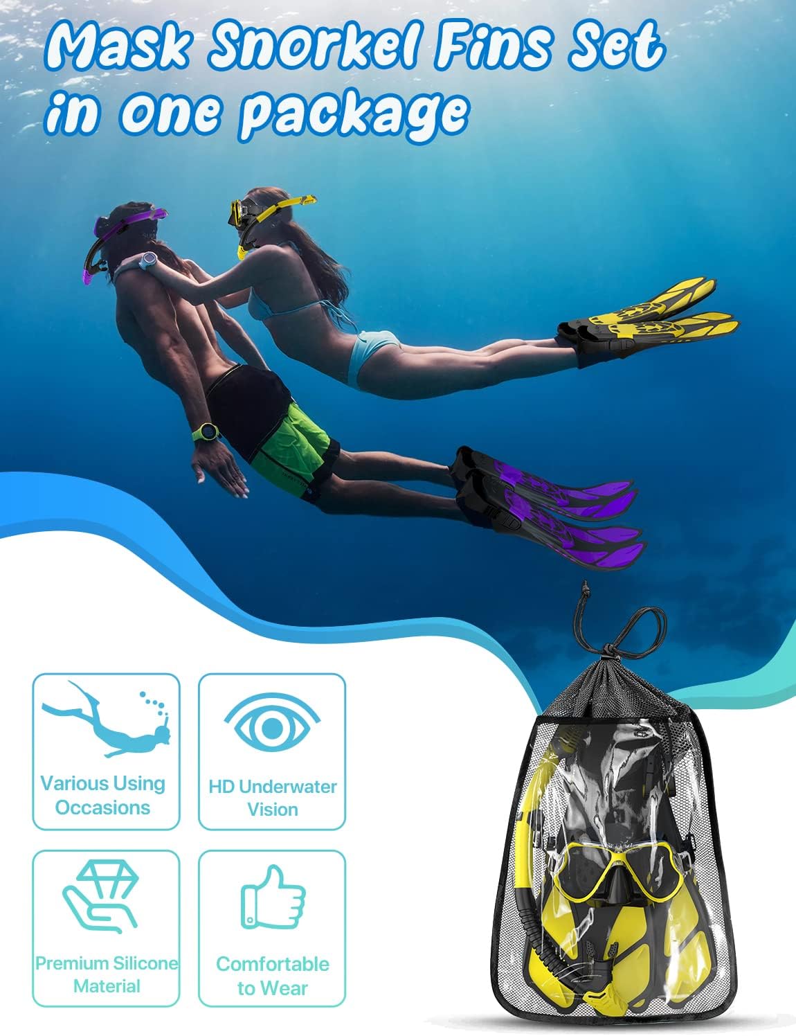 Zenoplige Mask Fins Snorkel Set, Snorkeling Gear for Adults, Panoramic View Snorkel Mask Anti-Fog, Adjustable Dive Flippers, Dry Top Snorkel and Travel Bag, Scuba Gear for Swimming Snorkeling Diving - Image 6