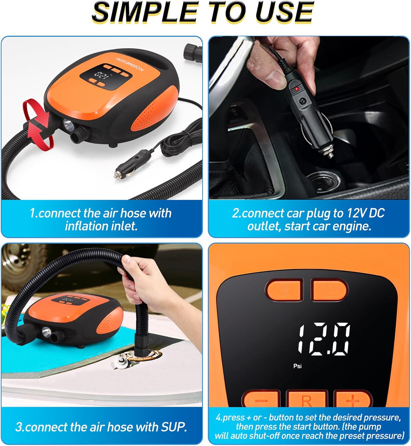 Paddle Board Pump Electric Portable, SUP Pump for Paddleboard, 20PSI Air Compressor with Auto-Off, Deflation Function and 12V DC Car Connector for Inflatables, Kayaks and Boats - Image 7