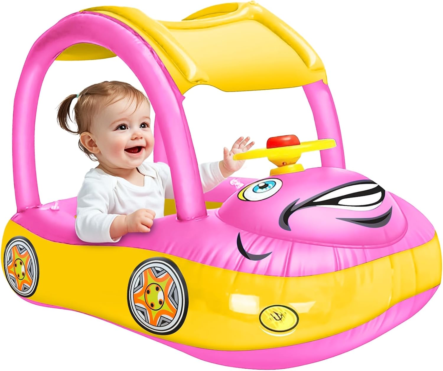 iGeeKid Inflatable Baby Pool Float with Canopy, Safty Seat for Infant Baby Swim Float Rings Car Shaped Swimming Pool Floaties for Babies Toddler Age of 18-36 Months (Pink)