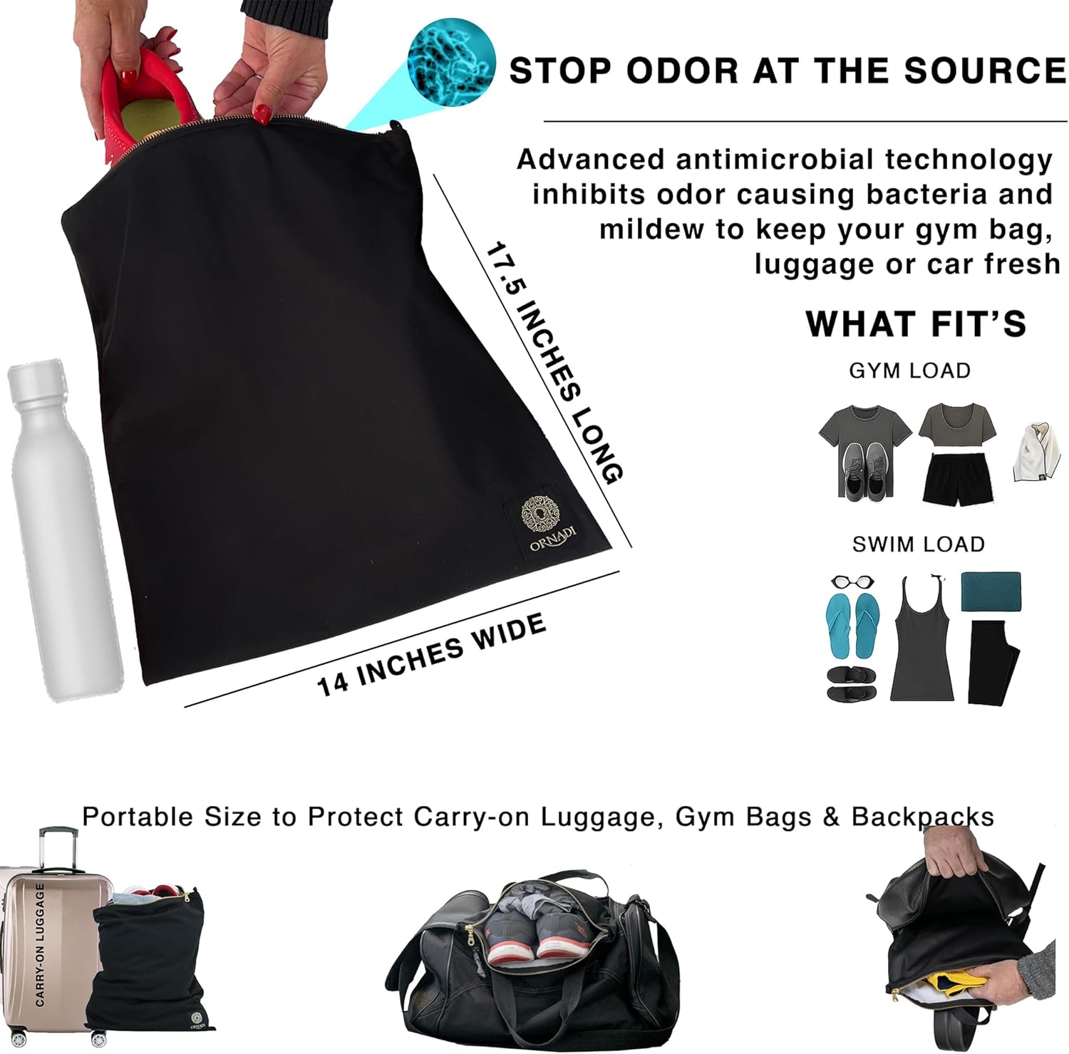 Wet Gym Clothes Bag Waterproof Antimicrobial Sack Inhibits Bacteria & Odor from Dirty Laundry, Swimsuits, Sweaty Shoes for Smell Proof Travel 14 X 17.5" Made in USA by Ornadi - Image 2