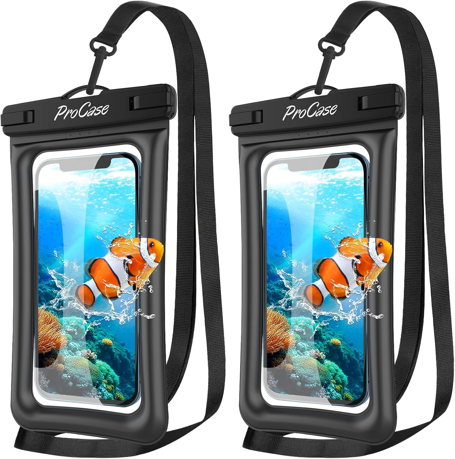 ProCase 2 Pack Floating Waterproof Phone Pouch IPX8, Universal Dry Bag Fits iPhone 17/16/15/14/13 Series, Galaxy S24/S23/S22, Pixel 8/7 (Up to 7”), Touchscreen, Underwater & Snow Protection -Black