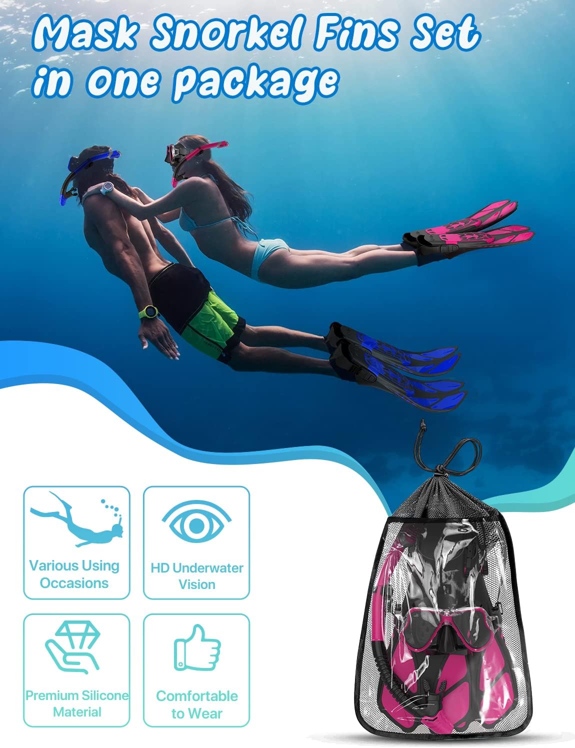 Zenoplige Mask Fins Snorkel Set, Snorkeling Gear for Adults, Panoramic View Snorkel Mask Anti-Fog, Adjustable Dive Flippers, Dry Top Snorkel and Travel Bag, Scuba Gear for Swimming Snorkeling Diving - Image 6