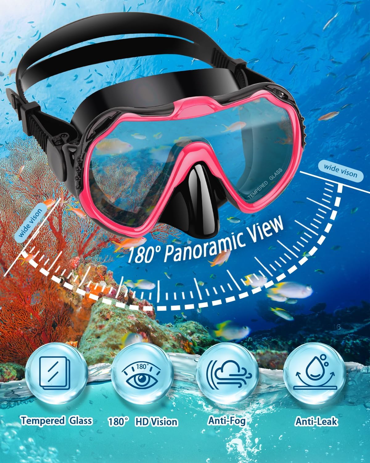 Snorkeling Gear for Adults, Adult Snorkel Set with Panoramic Anti-Leak and Anti-Fog Tempered Glass Snorkel Mask, Dry Top Snorkel, Snorkle Mask Set Adult with Mesh Bag Ear Plug for Snorkeling - Image 2