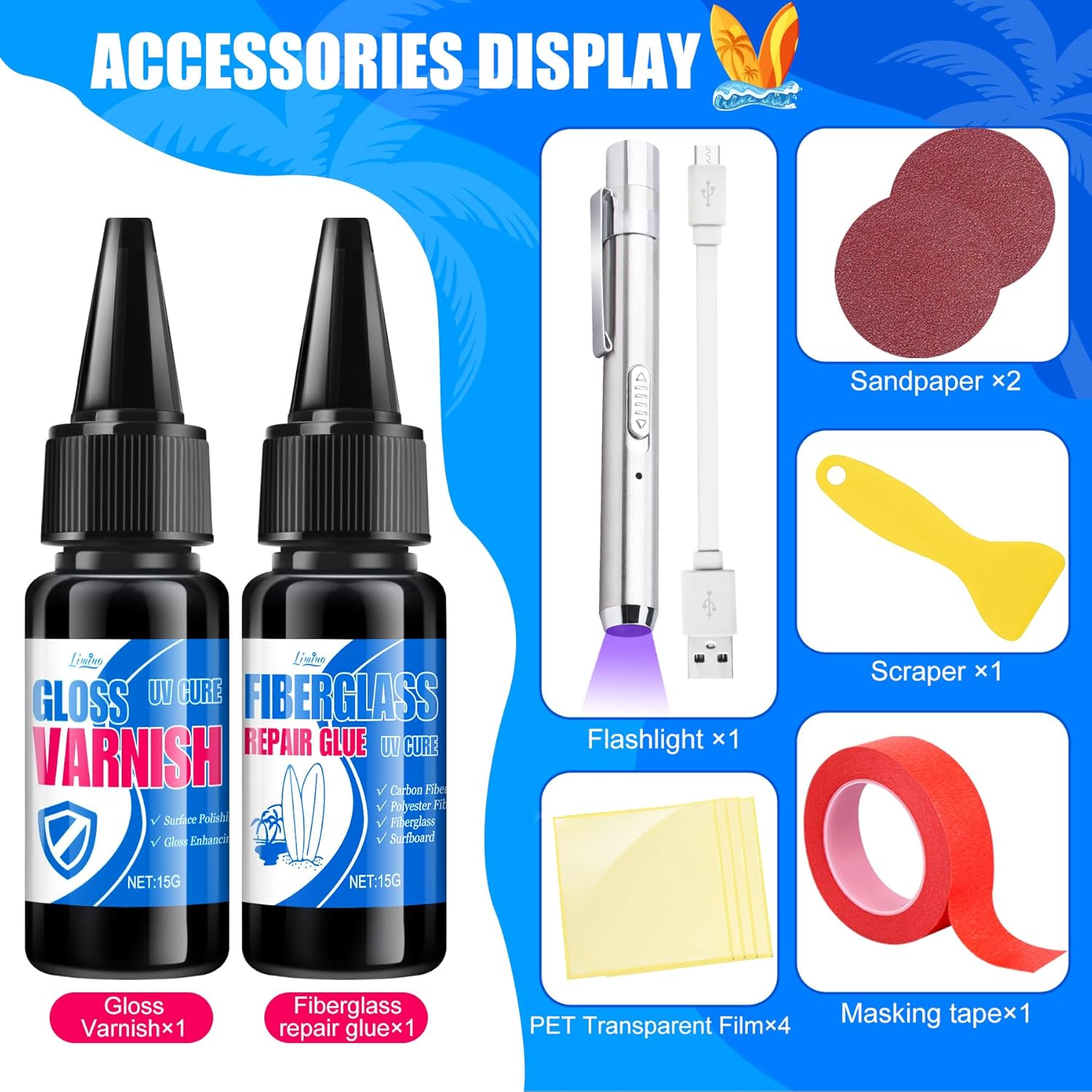 Fiberglass Repair Kit - Surfboard Repair Kit, UV Repair Glue with UV Light, Quickly Repair Scratches, Holes, and Gaps in Fiberglass, Polyester, Carbon Fiber - Fiberglass Filler for Surfboard Gelcoat - Image 2