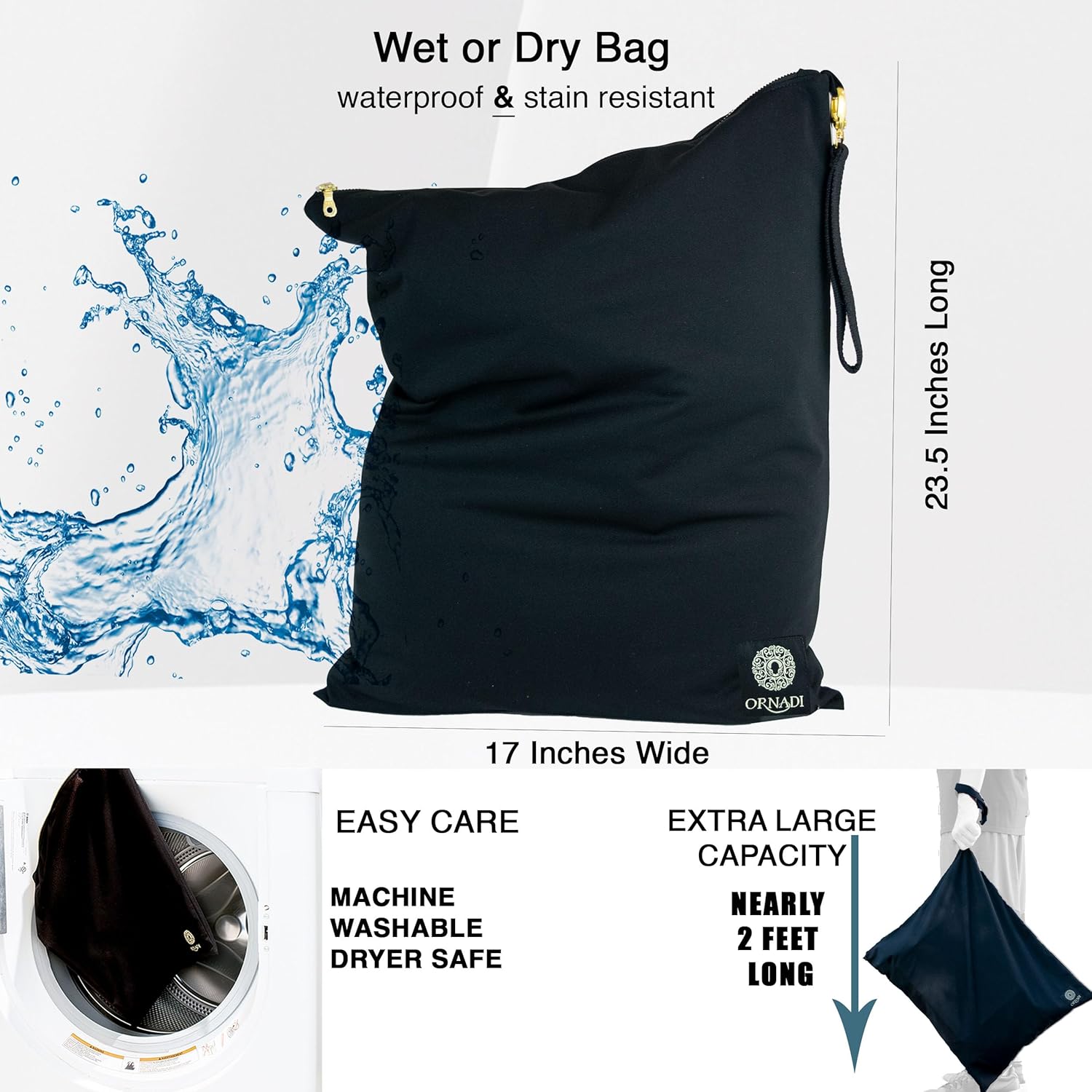 Ornadi X Large Antimicrobial Wet Dry Bag - Odor Proof for Sweaty Gym Clothes, Swimsuit & Towels, Dirty Travel Laundry, Waterproof, Leak Proof, Made in USA 17 x 23.5” - Image 4