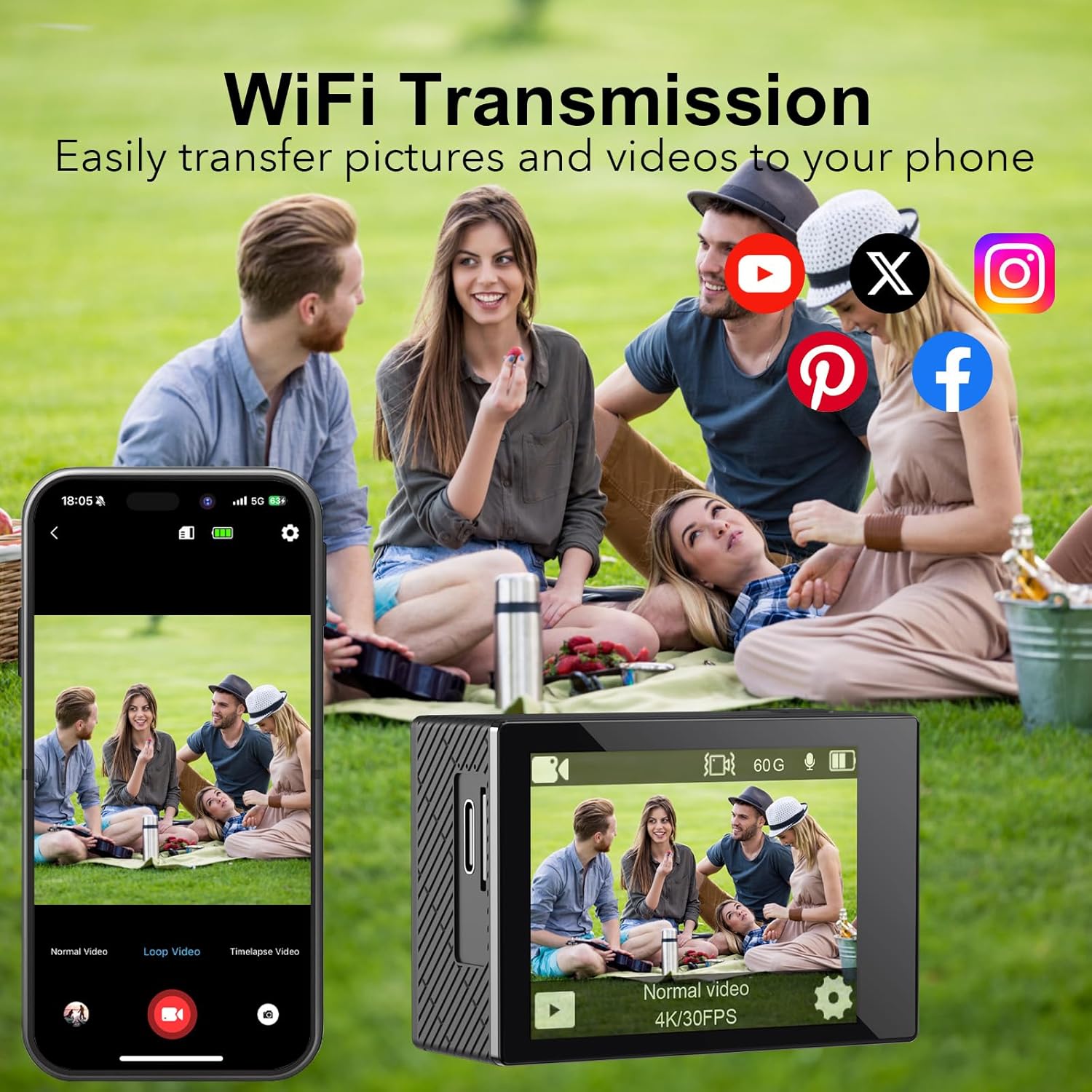 Action Camera 5K 30FPS Waterproof Camera Underwater 131FT with EIS WiFi App Remote Control 64GB Card 170° Wide Angle Sports Helmet Bike Video Black - Image 5