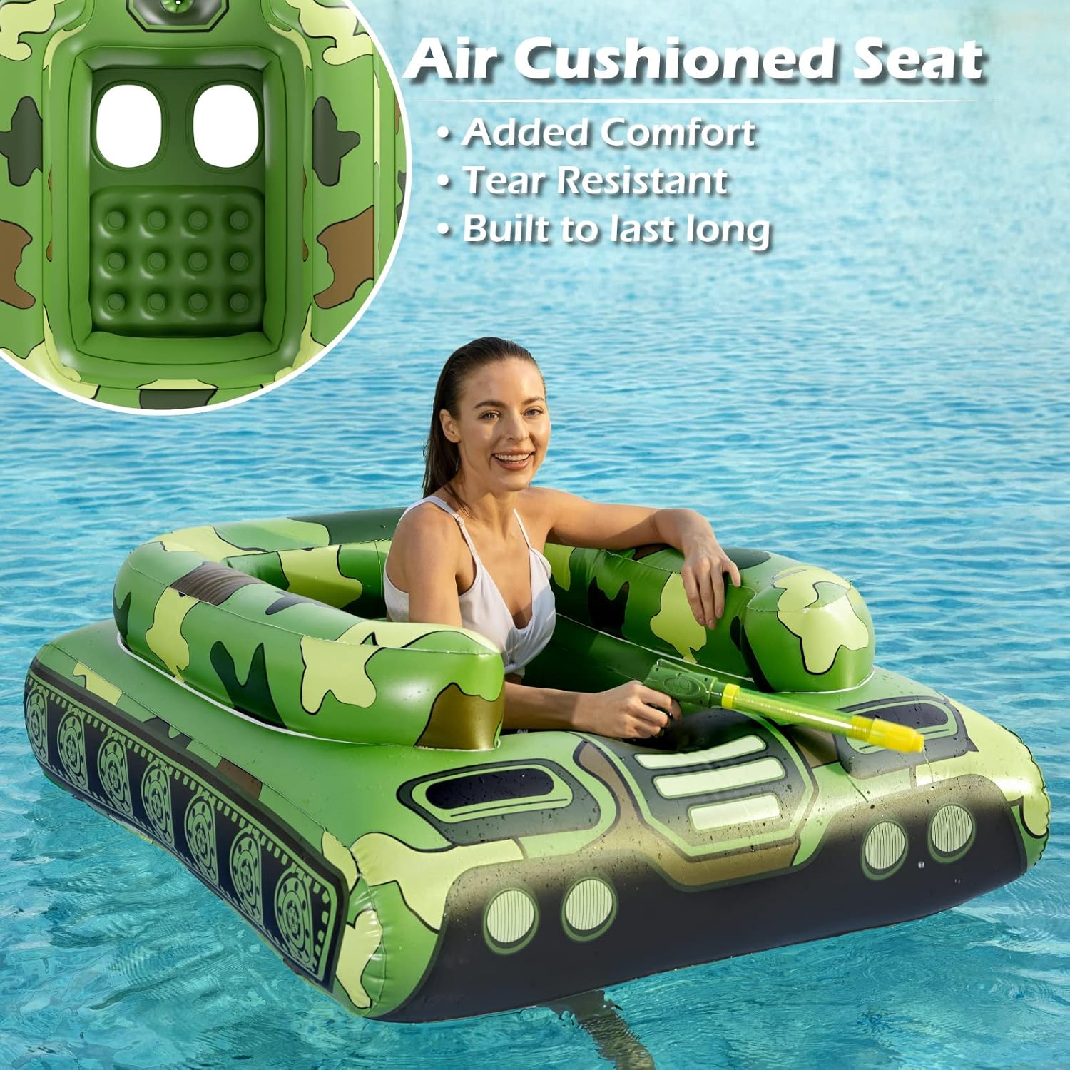 Jasonwell Inflatable Tank Swimming Pool Floaties with Water Cannon Gun Swim Floaty Rafts for Lake, Beach & Pool Party Toys for Boys, Girls, Kids & Adults- Green - Image 3